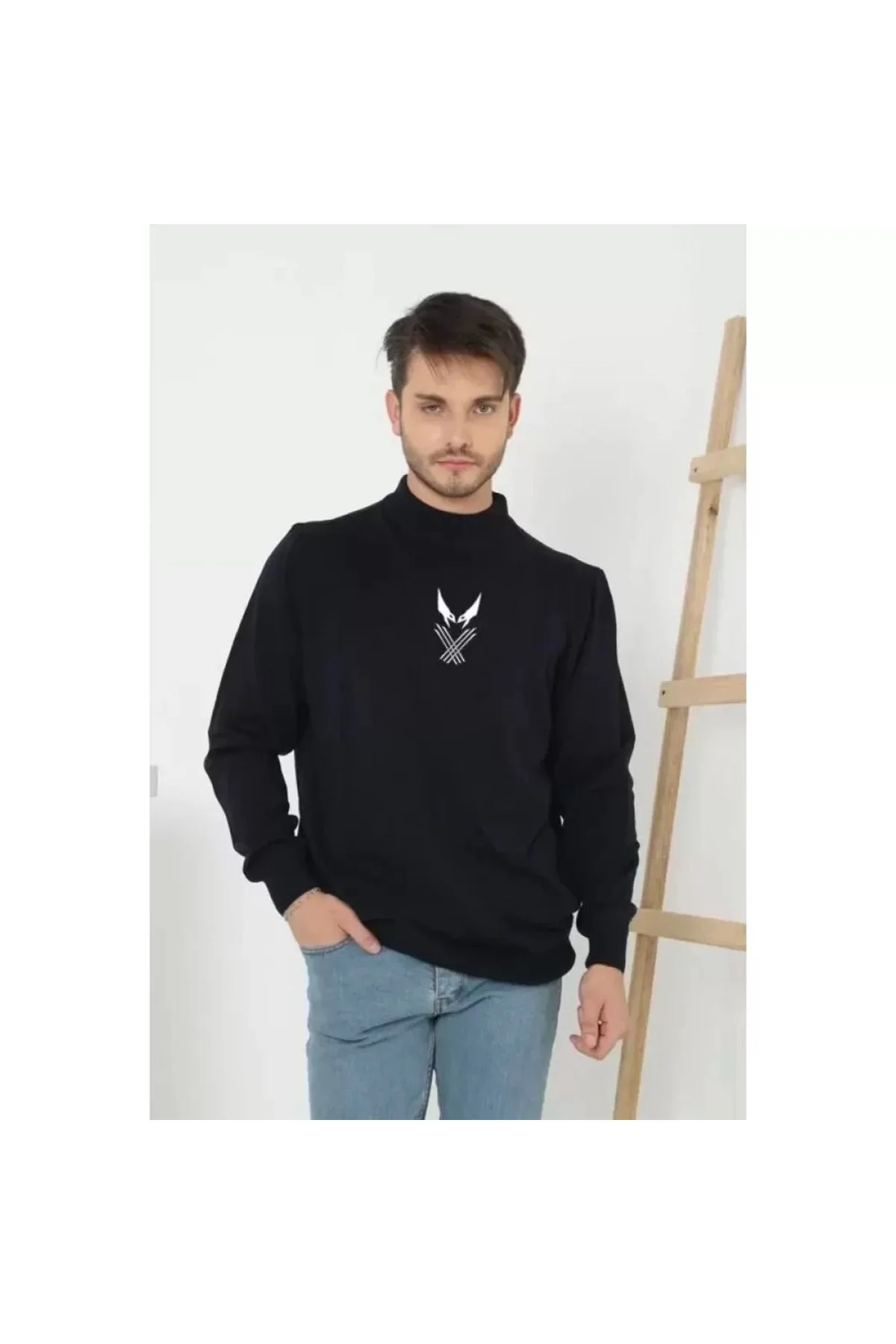 Unisex Yarım Boğazlı Baskılı Dokuma Triko - Siyah Unisex Yarım Boğazlı Baskılı Dokuma Triko - Siyah