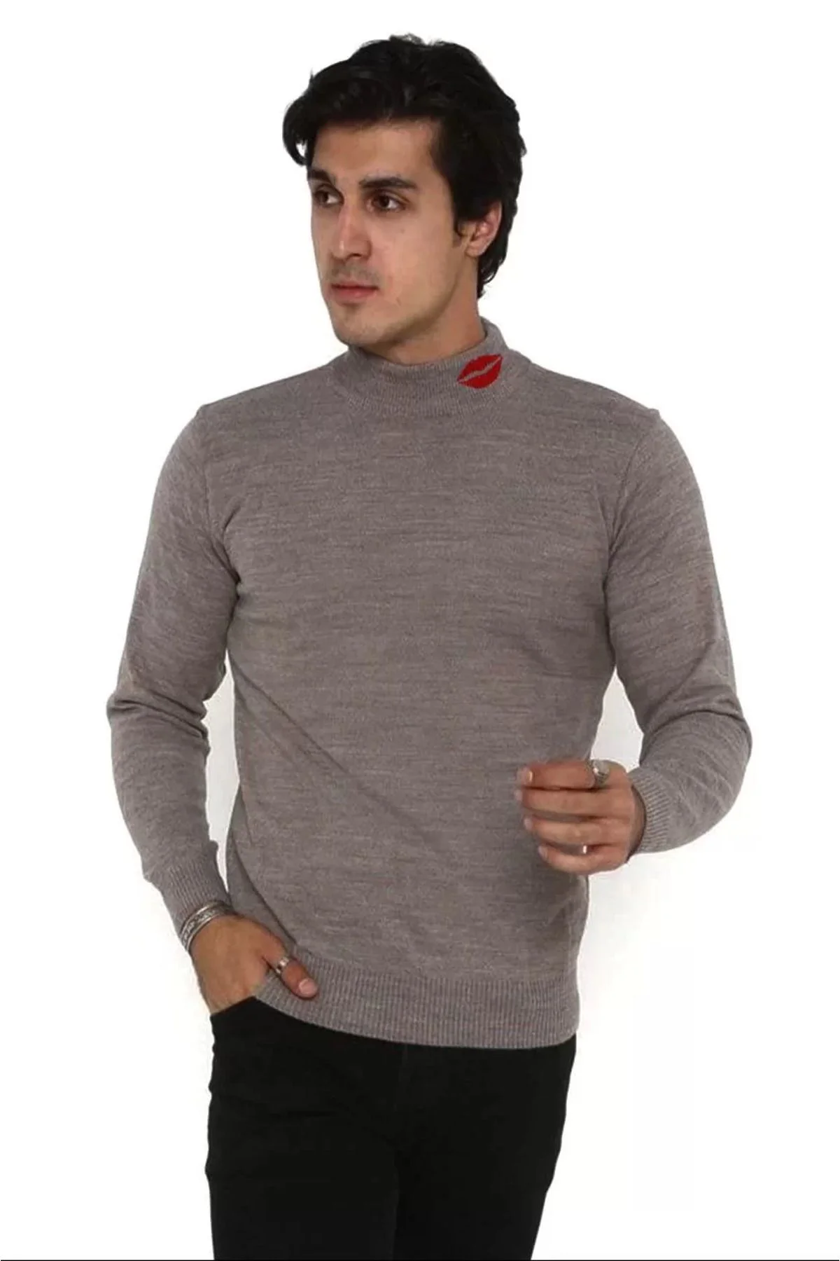 Unisex Yarım Boğazlı Baskılı Dokuma Triko - Vizon Unisex Yarım Boğazlı Baskılı Dokuma Triko - Vizon