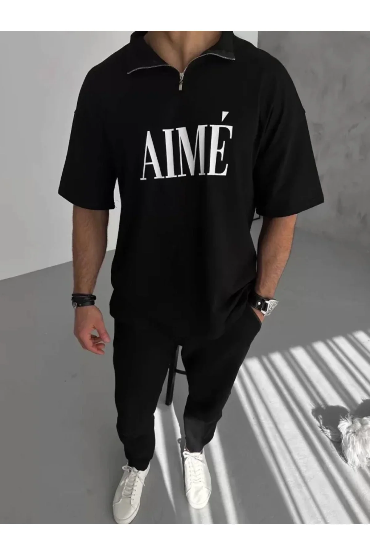 Unisex Yarım Fermuarlı Baskılı T-Shirt - Siyah
