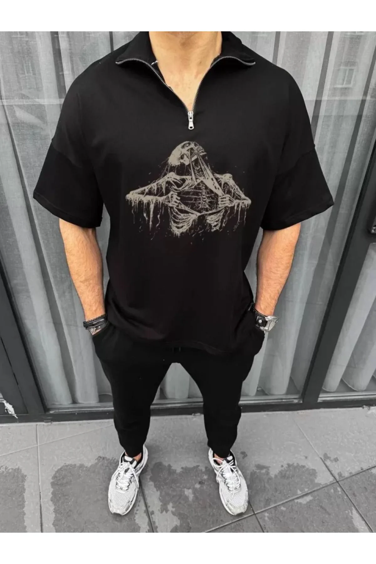 Unisex Yarım Fermuarlı Baskılı Oversize T-Shirt - Siyah