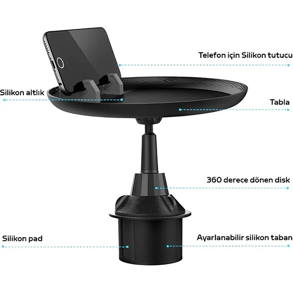 Universal Araç İçi Telefon Tutucu ve Yemek Masası - 360° Dönen Çok Fonksiyonlu Tepsi