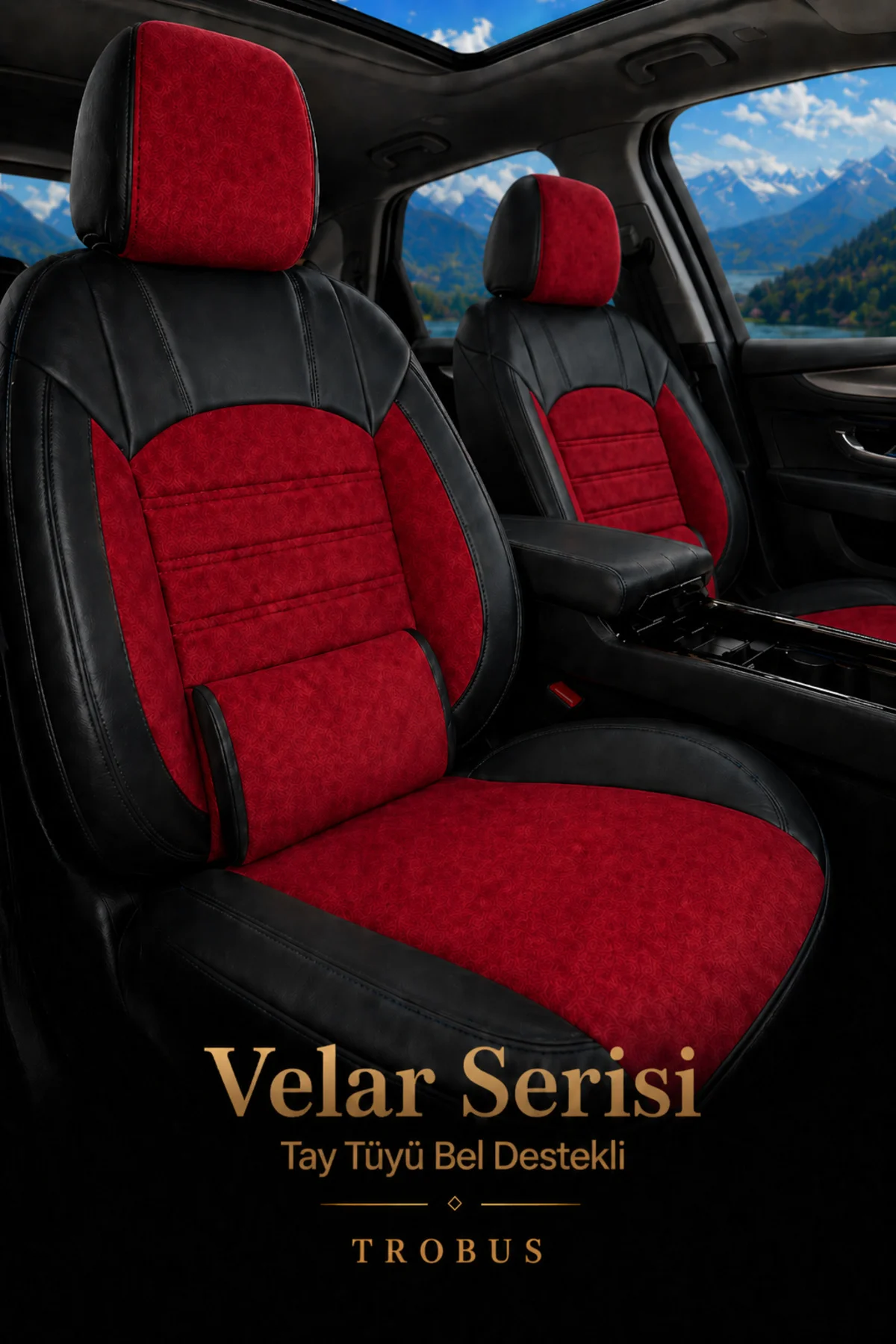 Üniversal Bel Destekli Tay Tüyü Koltuk Kılıfı Velar Serisi Kırmız