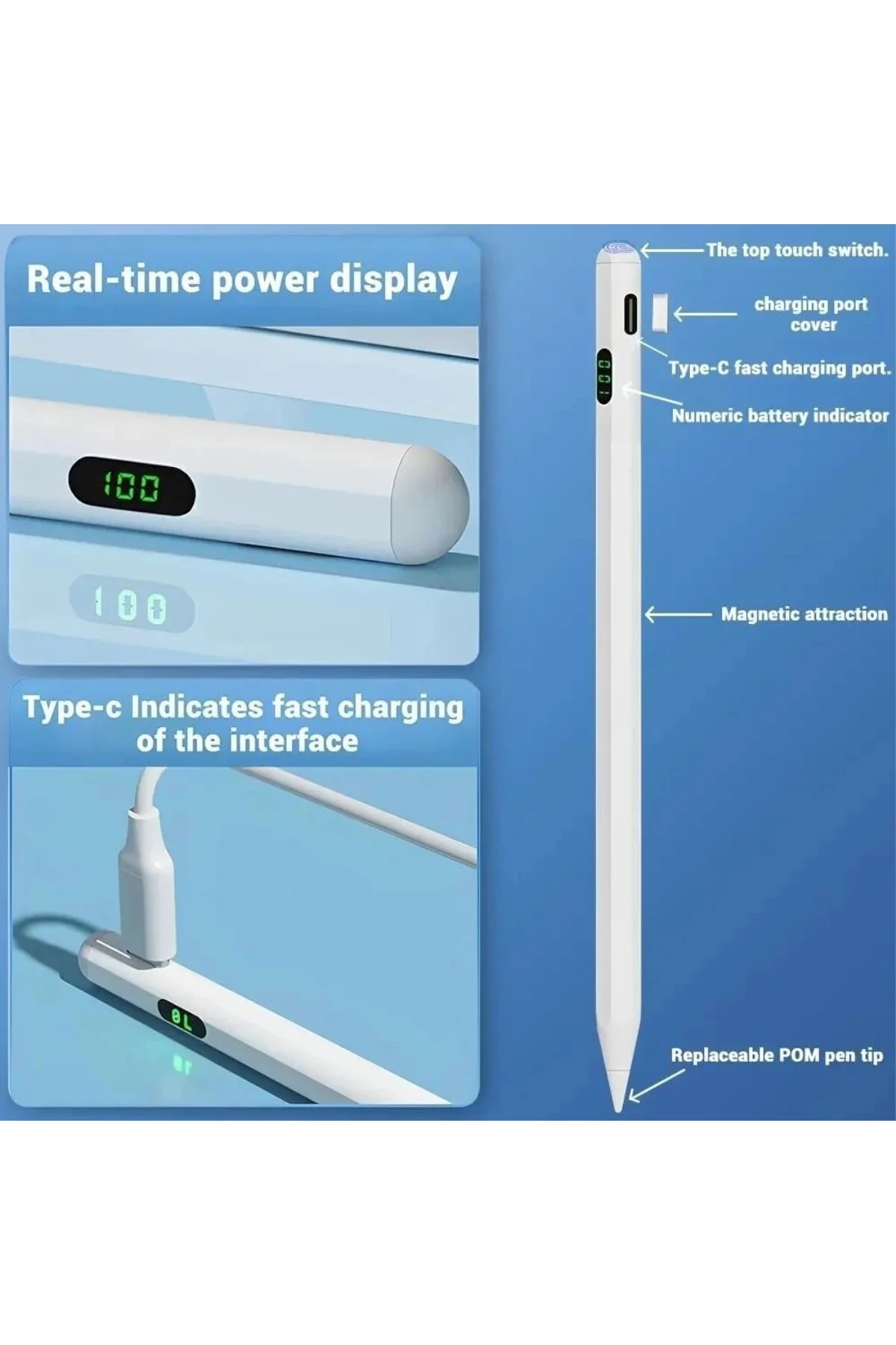Universal Dokunmatik Stylus Kalem LED Göstergeli Manyetik Gövdeli