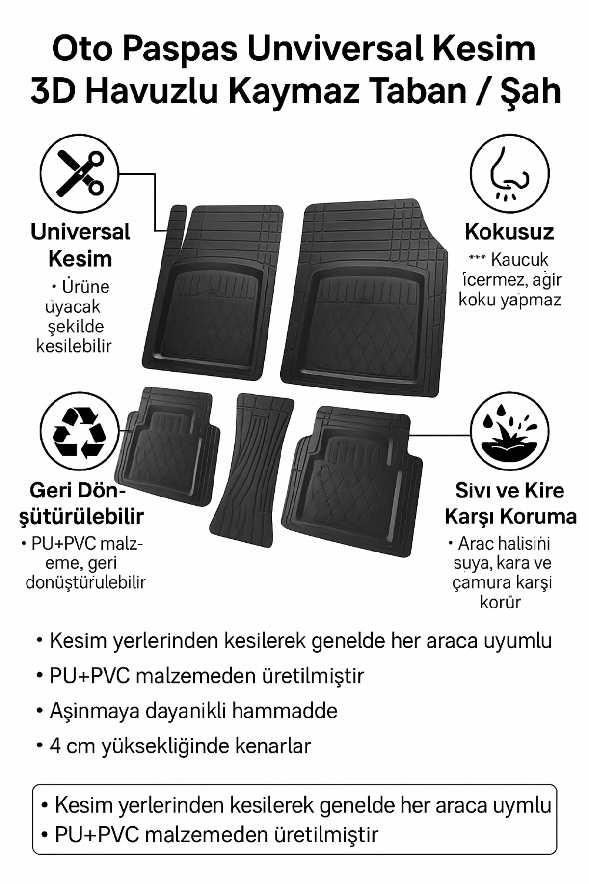 Universal Kesim 3D Havuzlu Oto Paspas Takımı | 5 Parça | PU+PVC - Kokusuz ve Yıkanabilir Fiyatı, Yorumları ve Özellikleri