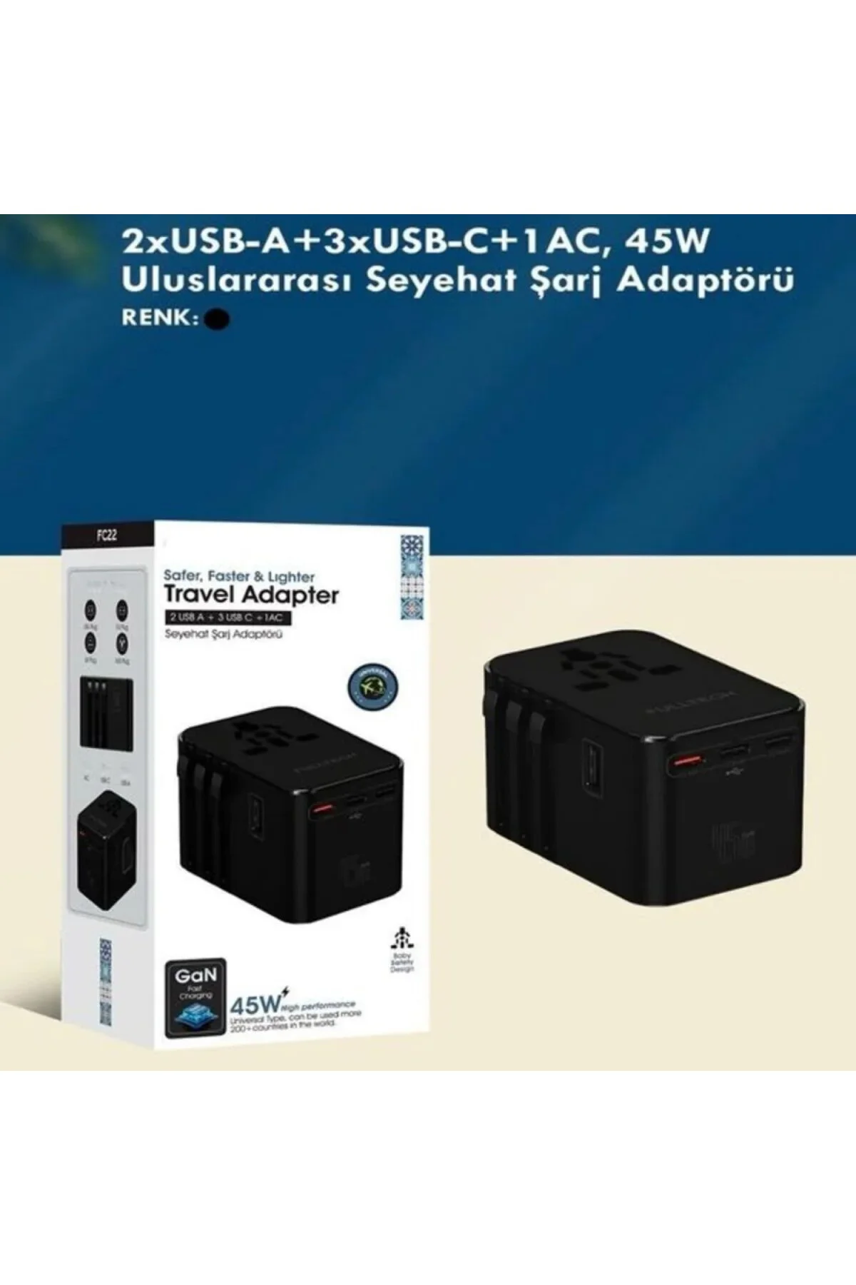 Universal Seyahat Priz Dönüştürücü Adaptör, 45W Şarj Cihazı, 2x U