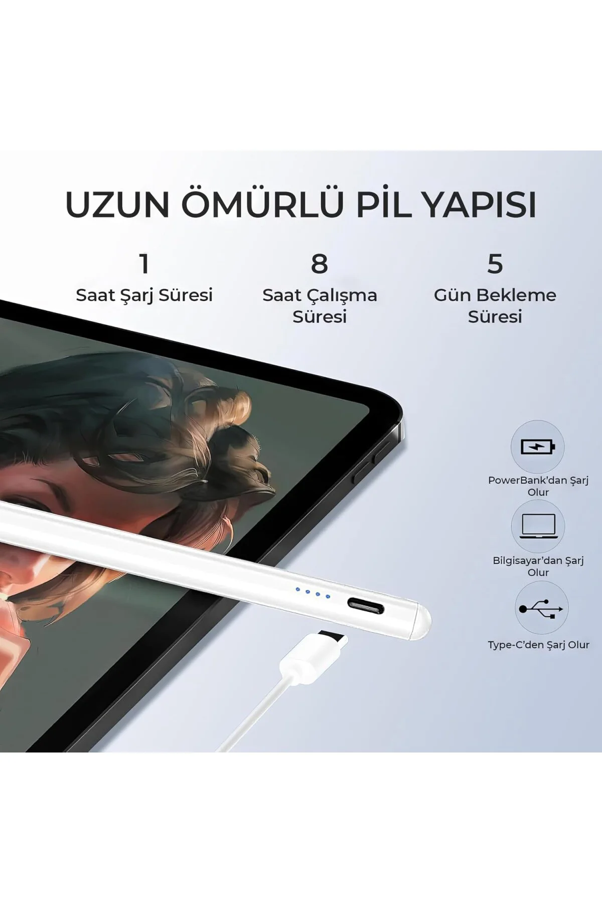 Universal Tablet Kalemi – Kapasitif Stylus, USB-C Şarjlı, 1.5 mm 
