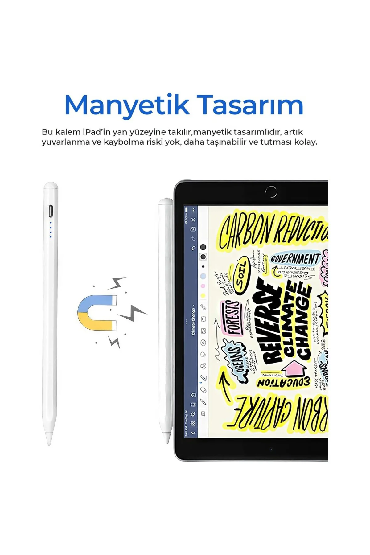 Universal Tablet Kalemi – Kapasitif Stylus, USB-C Şarjlı, 1.5 mm 