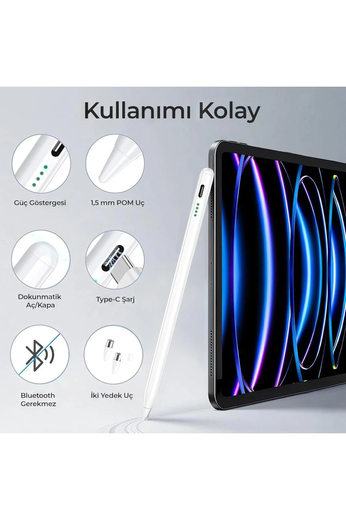 Universal Tablet Kalemi – Kapasitif Stylus, USB-C Şarjlı, 1.5 mm 