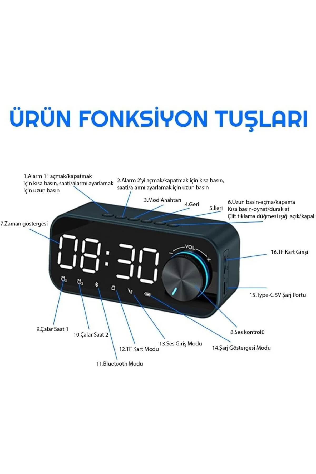 UpWay Dijital Çalar Saat LED Ekran Bluetooth Hoparlör MP3 FM Radyo Alarm Masa Saati