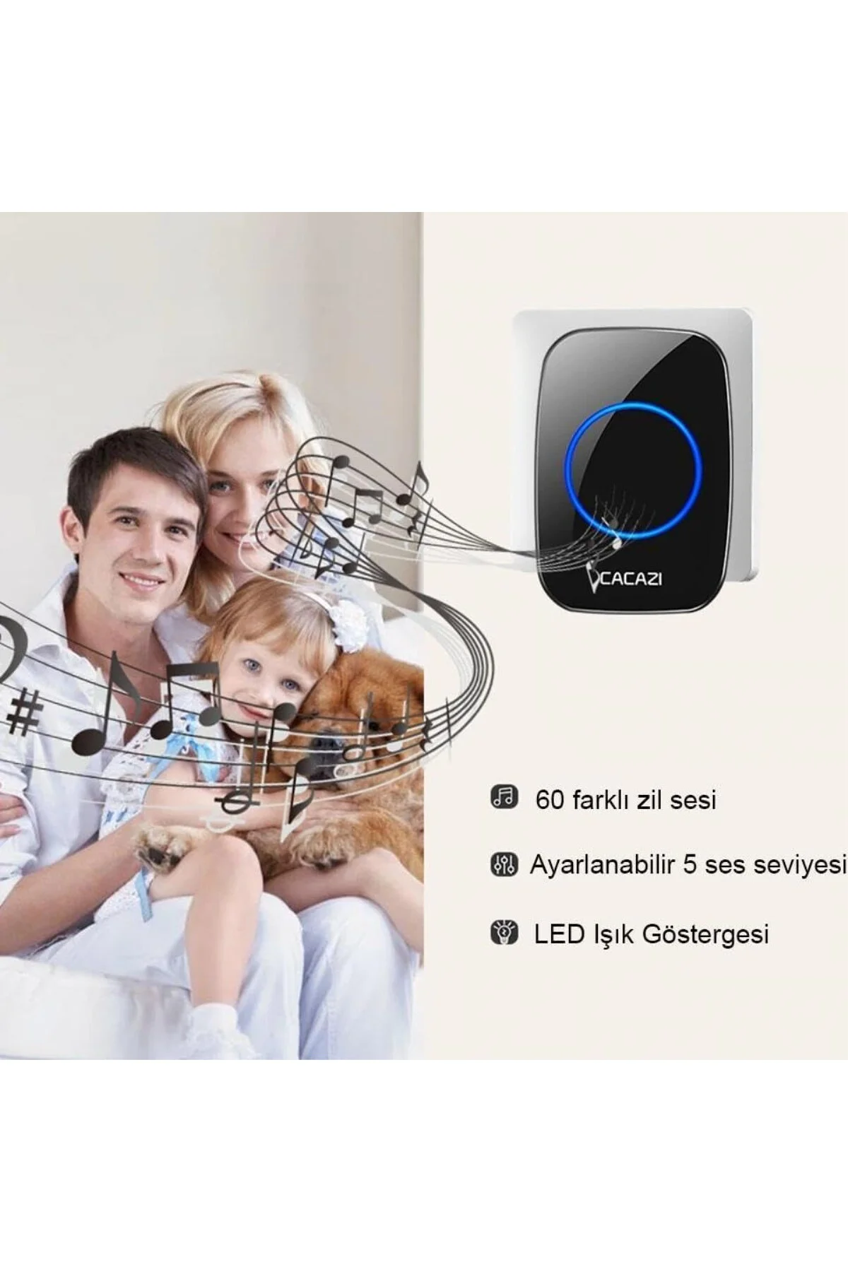 UpWay Ledli 60 Melodi Cacazi Kablosuz Kapı Zili + Koruyucu Kapak