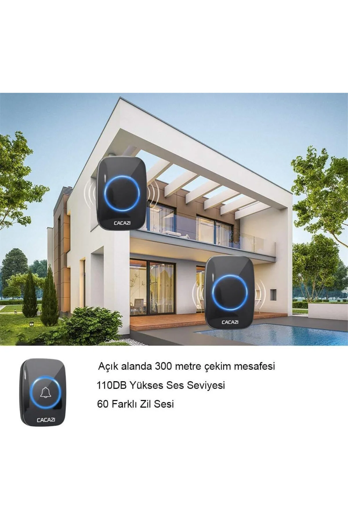 UpWay Ledli 60 Melodi Cacazi Kablosuz Kapı Zili + Koruyucu Kapak