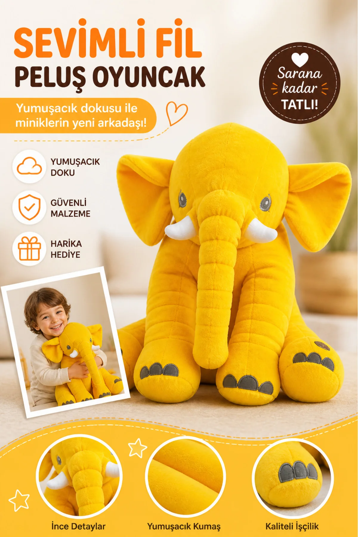 Üretici Firma Nisababytasarım Dan Uyku Arkadaşım Fil 65 Cm Jumbo 
