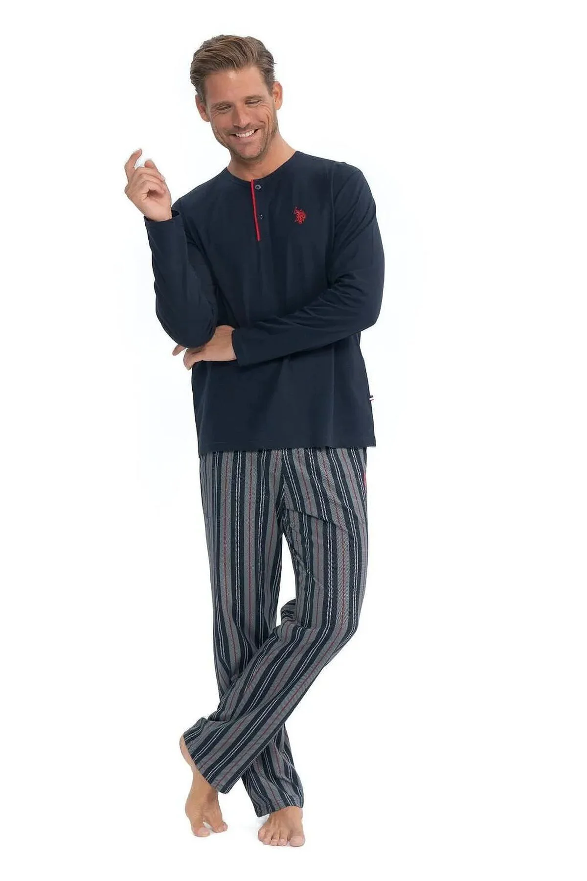 U.s Polo Assn. 18843 Erkek Uzun Kollu Yakası Düğmeli Pijama Takım-Lacivert