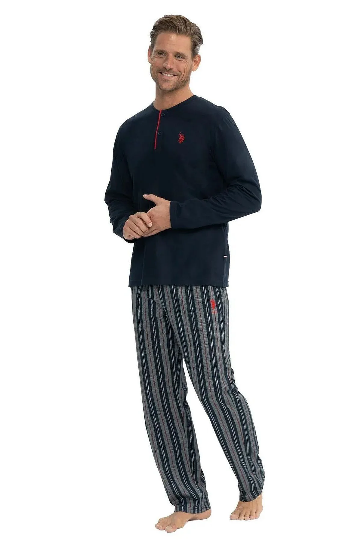 U.s Polo Assn. 18843 Erkek Uzun Kollu Yakası Düğmeli Pijama Takım-Lacivert