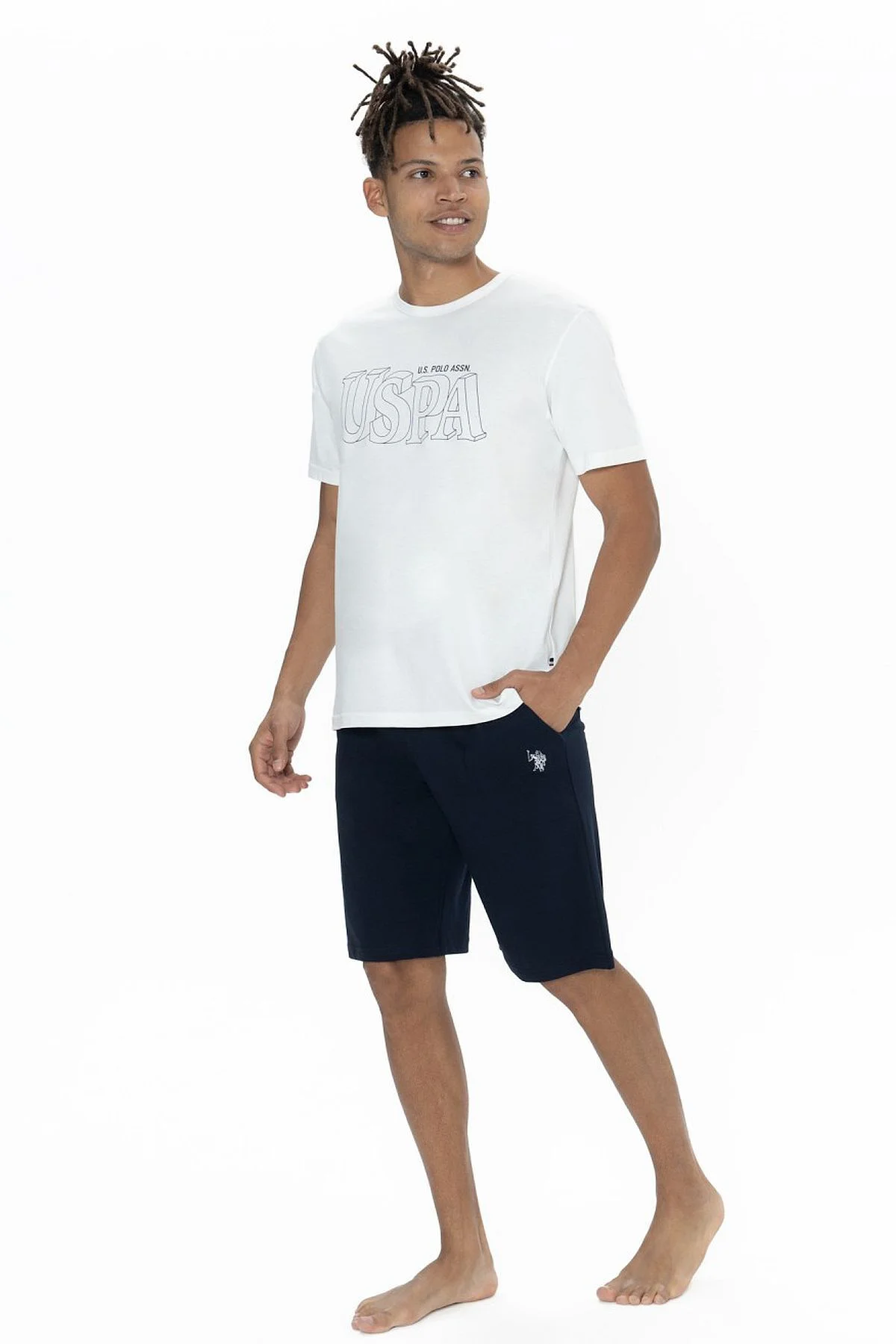U.s Polo Assn. 18903 Erkek Kısa Kollu Bisiklet Yaka 3'lü Pijama Takımı-Ekru