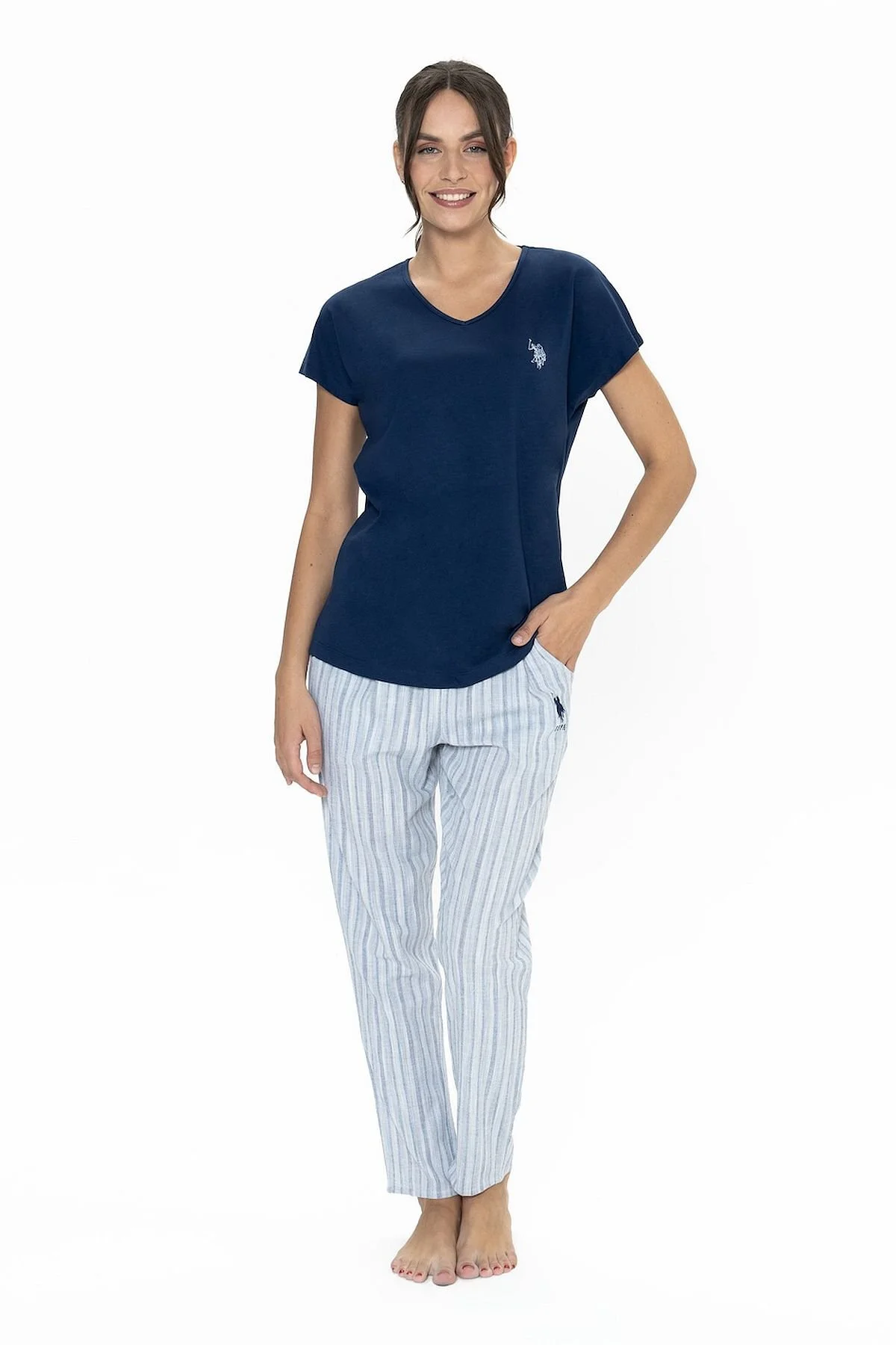 U.s Polo Assn. 20019 Kadın Kısa Kollu V Yaka Pijama Takımı-Ekru U.s Polo Assn. 20019 Kadın Kısa Kollu V Yaka Pijama Takımı-Ekru