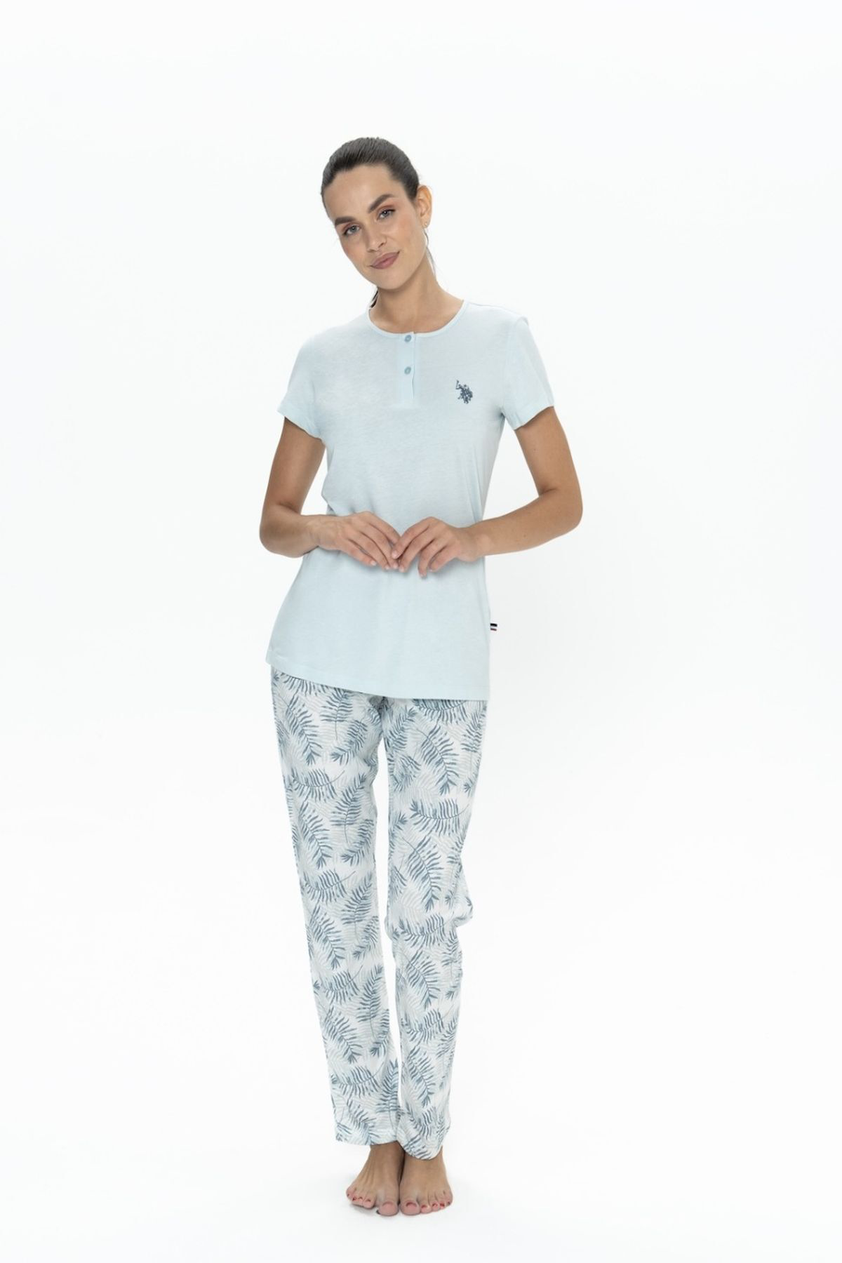 U.S. Polo Assn. 20088 Kadın Mavı Kısa Kollu Yarım Patlı Pijama Ta