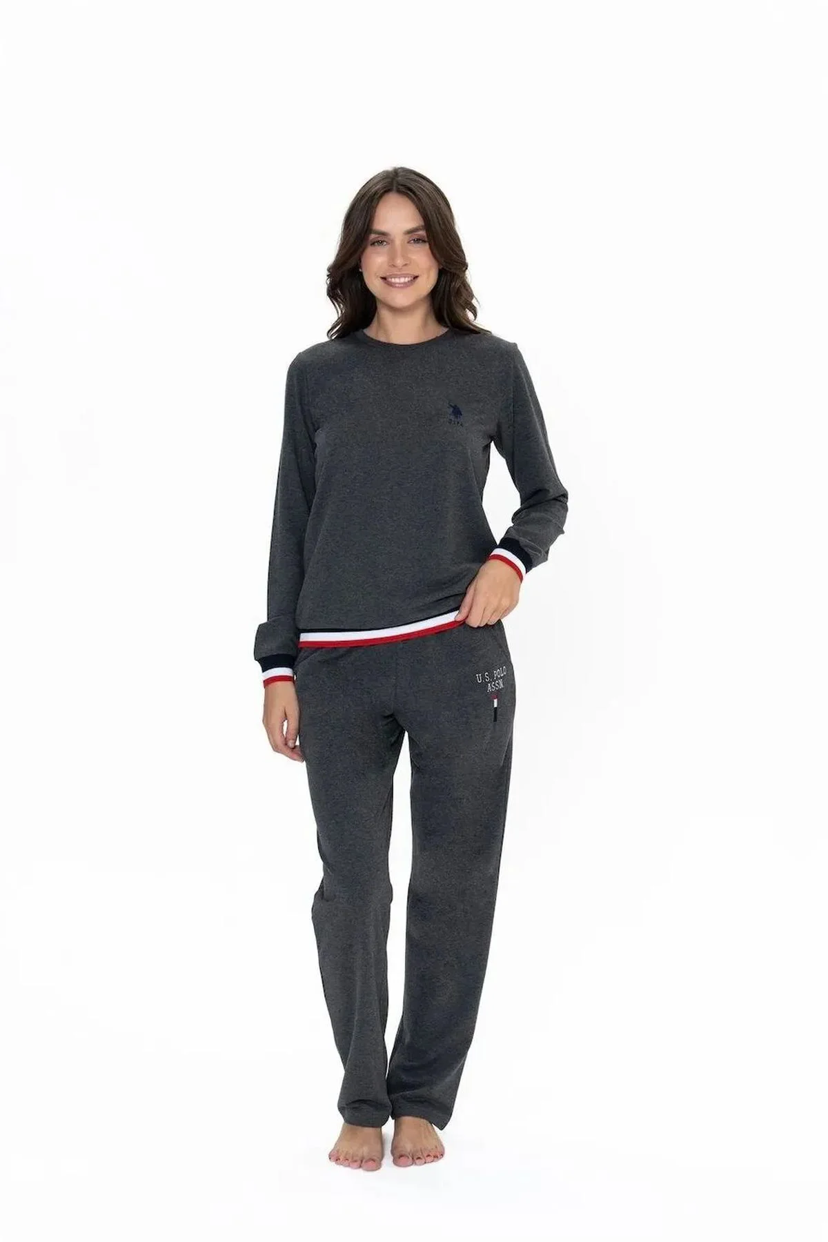 20110 Kadın Antrasıt Melanj Uzun Kollu Yuvarlak Yaka Pijama Takımı