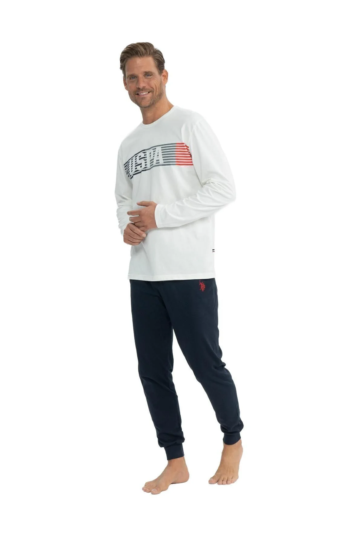 U.S. Polo Assn. Erkek Ekru Yuvarlak Yaka Pijama Takımı