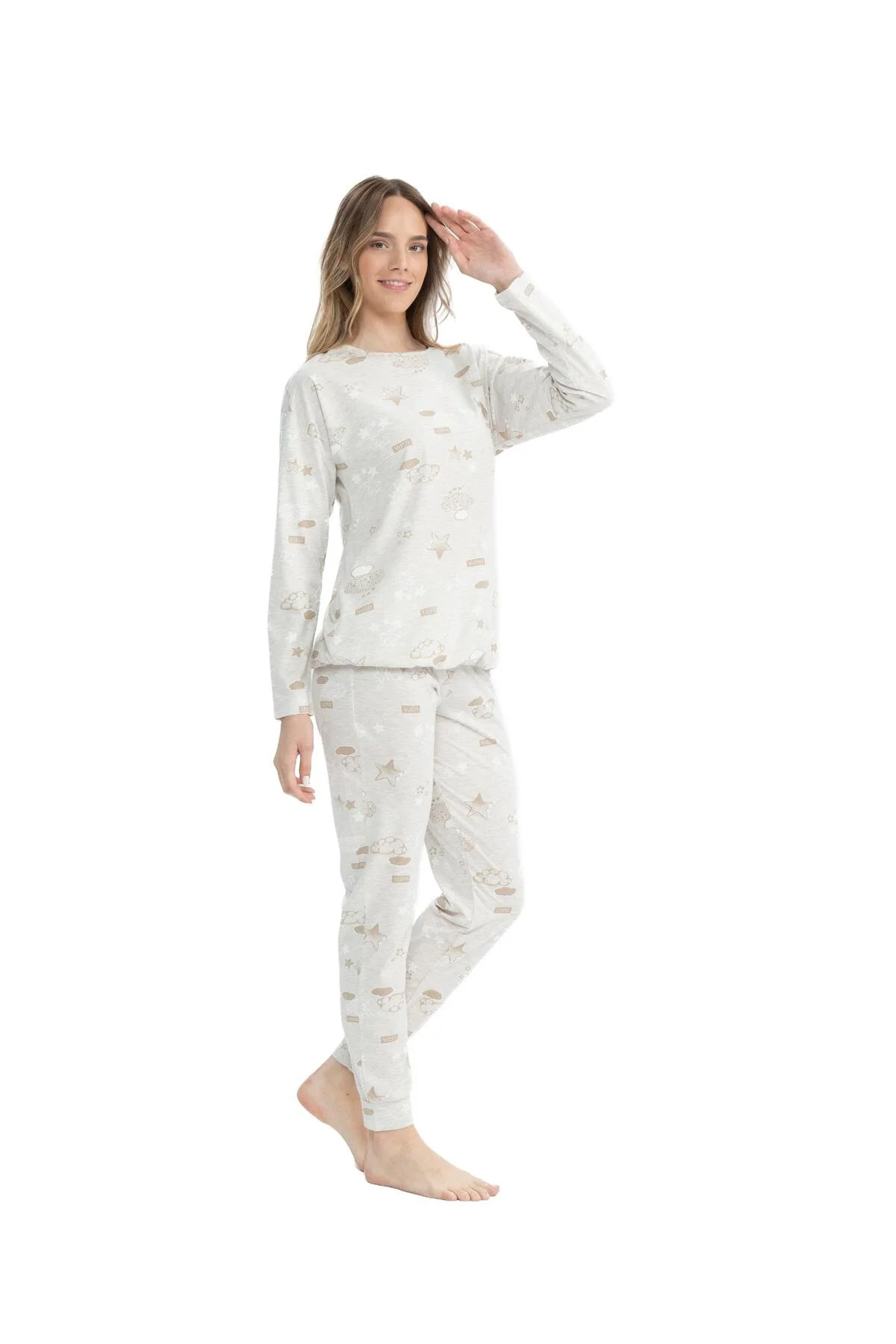 Kadın Bej Melanj Yuvarlak Yaka Pijama Takımı