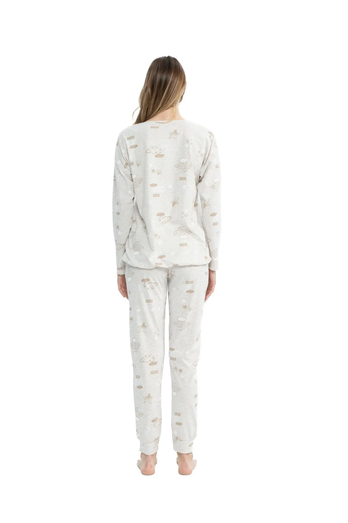 Kadın Bej Melanj Yuvarlak Yaka Pijama Takımı