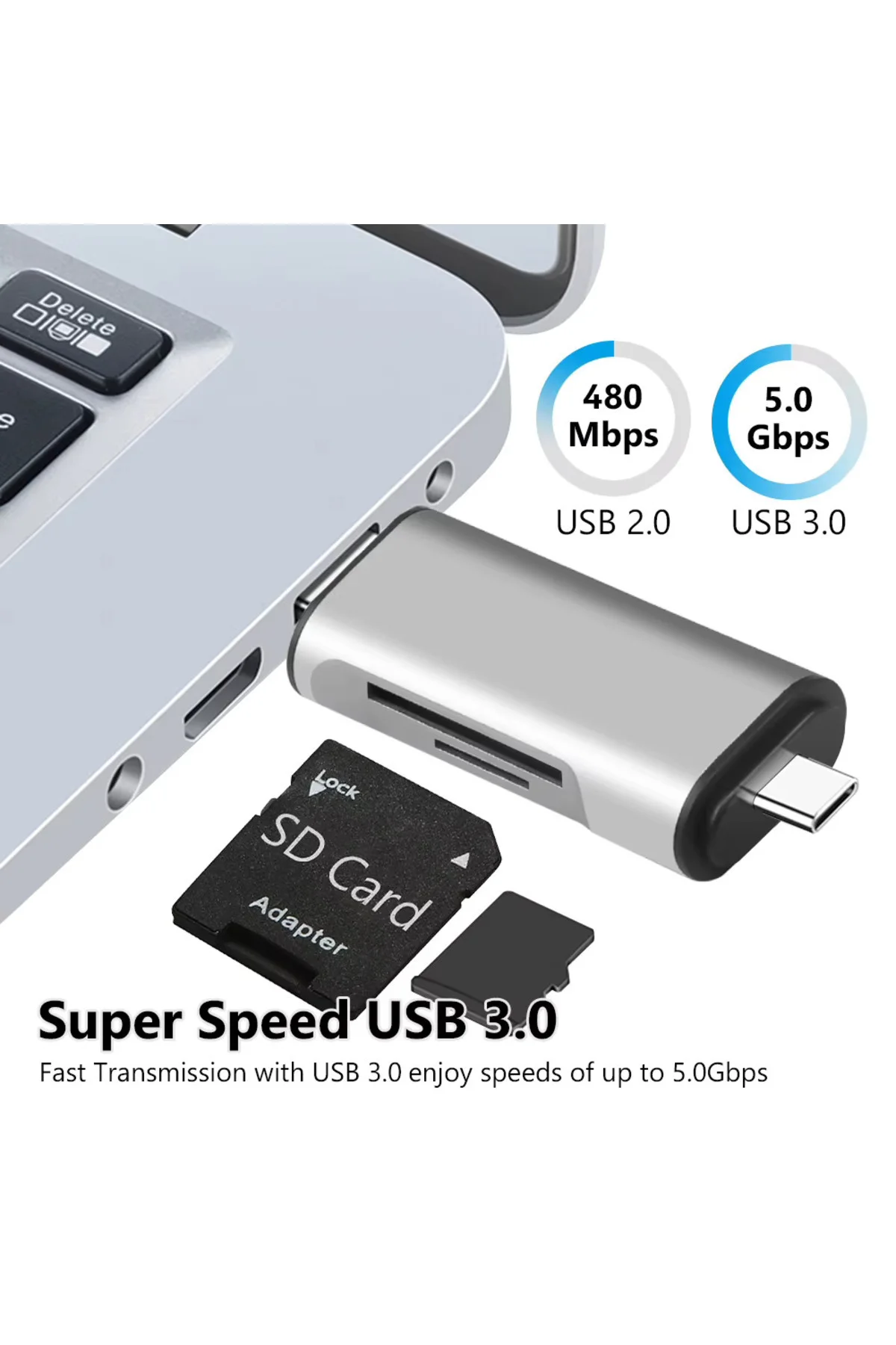 USB 2.0 3 in 1 Kart Okuyucu ve USB Çoklayıcı – Type-C, Micro USB,