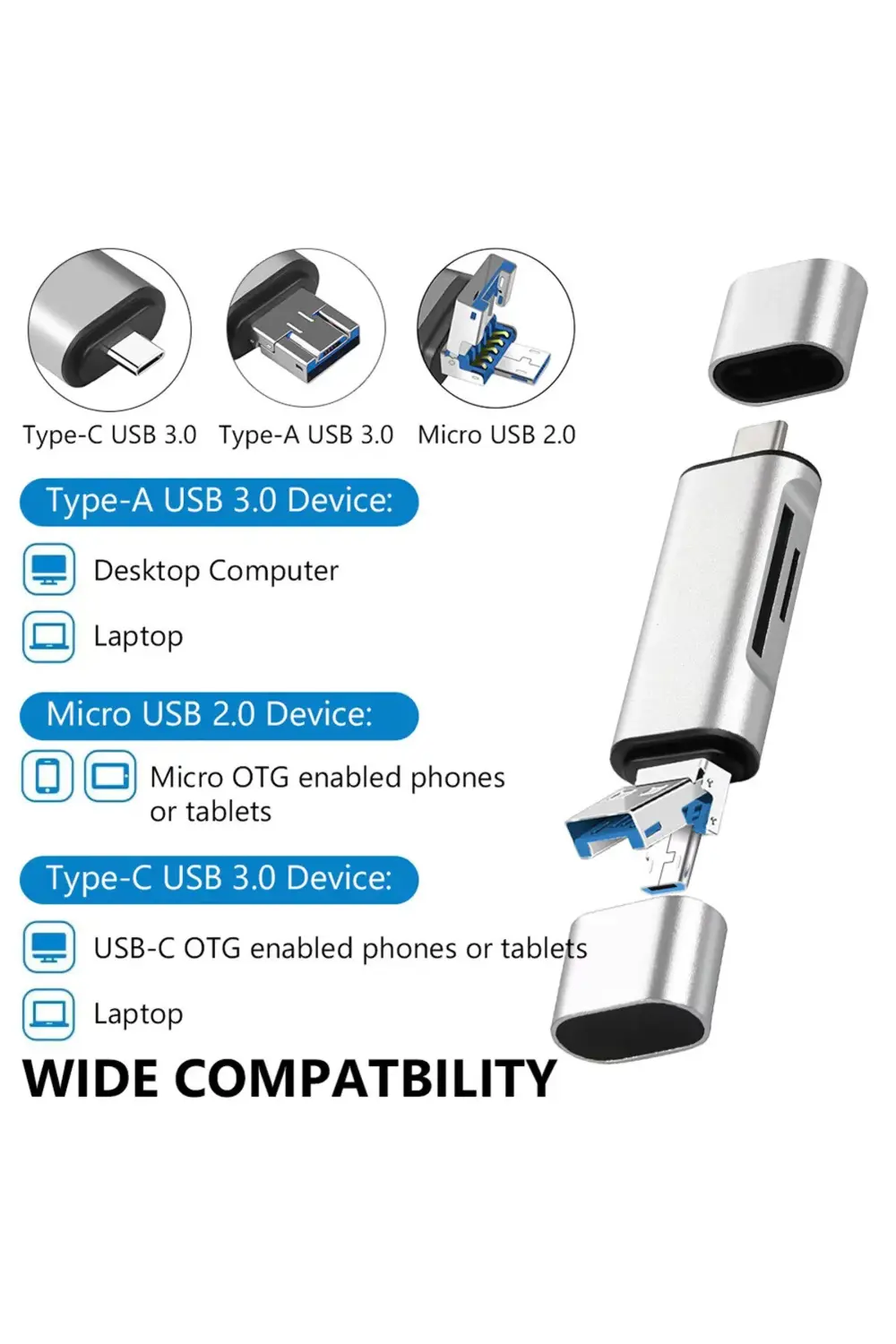 USB 2.0 3 in 1 Kart Okuyucu ve USB Çoklayıcı – Type-C, Micro USB,