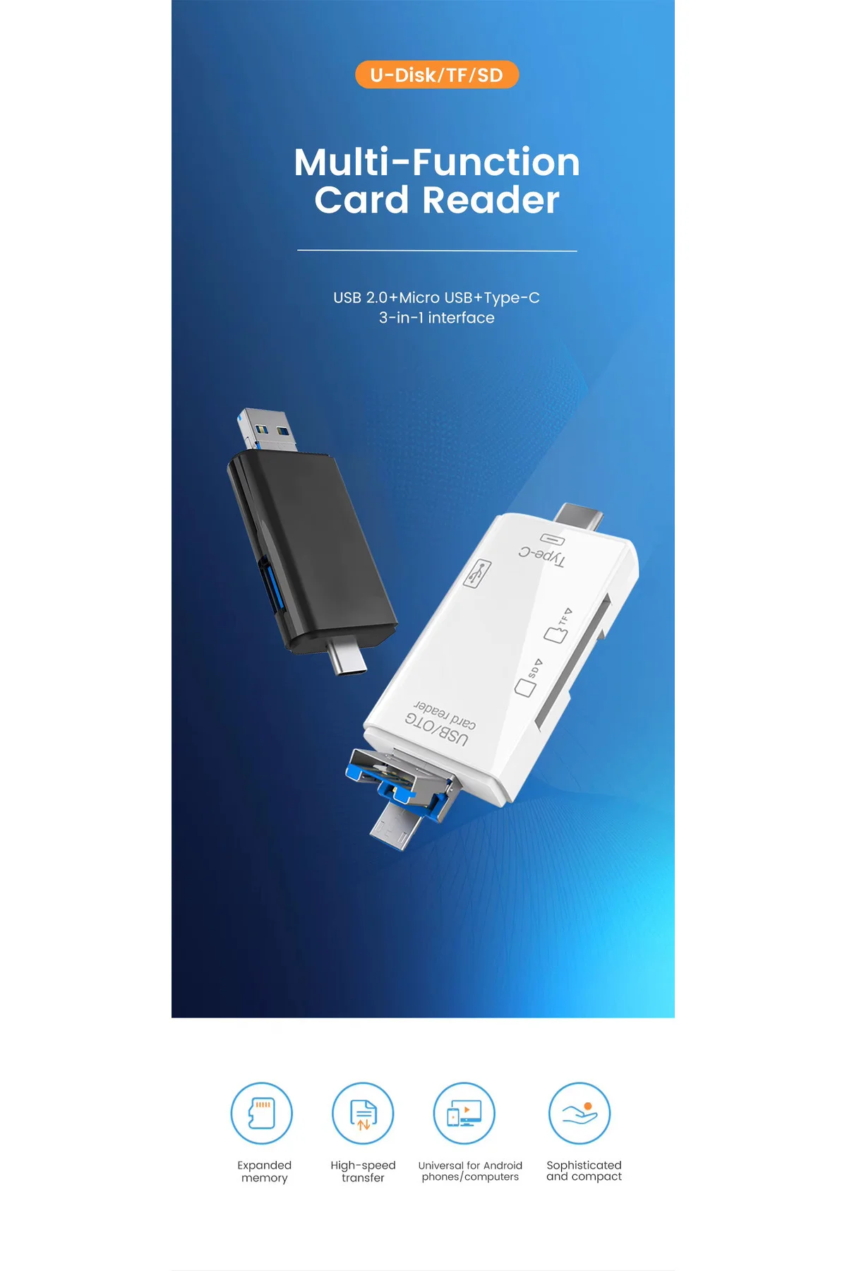 USB 2.0 6 in 1 Kart Okuyucu ve USB Çoklayıcı – Type-C, Micro USB,