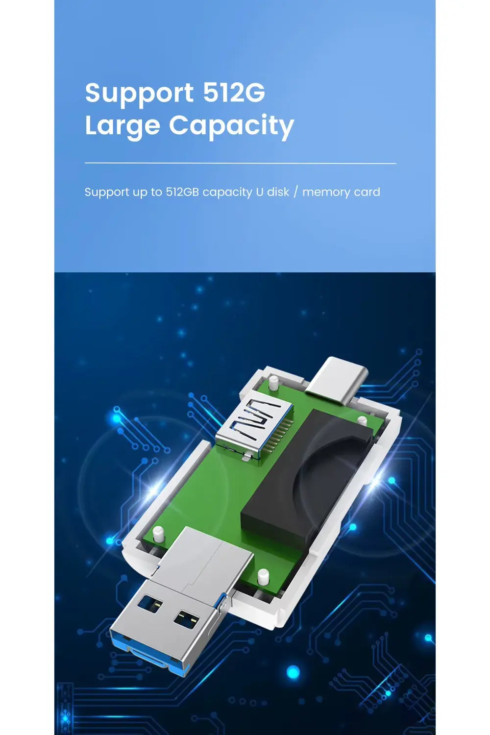 USB 2.0 6 in 1 Kart Okuyucu ve USB Çoklayıcı – Type-C, Micro USB,