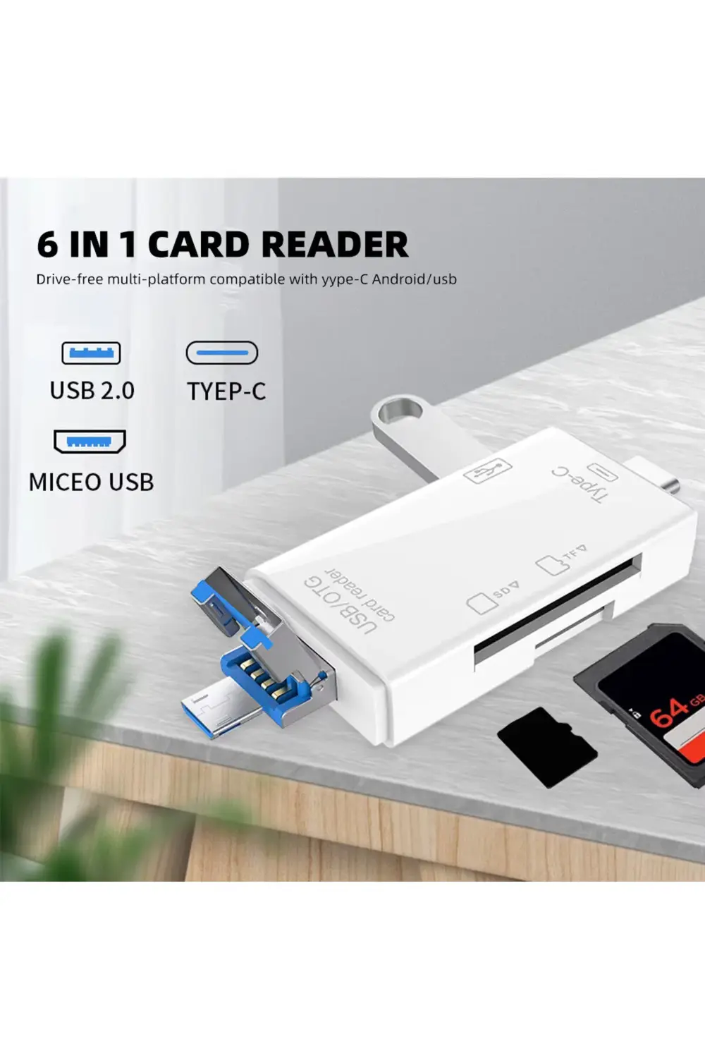 USB 2.0 6 in 1 Kart Okuyucu ve USB Çoklayıcı – Type-C, Micro USB,