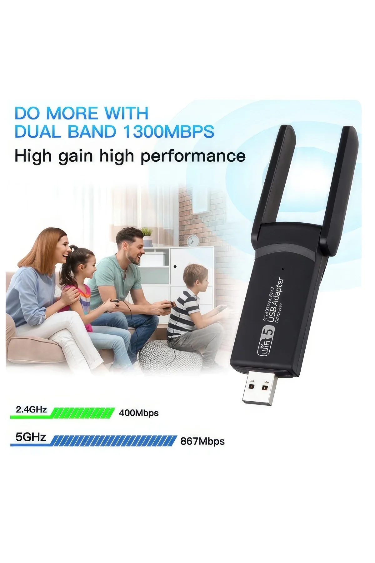 USB 3.0 Bağlantılı Çift Antenli Kablosuz AC Wi-Fi Adaptörü ile Hızlı Ağ Bağlantısı