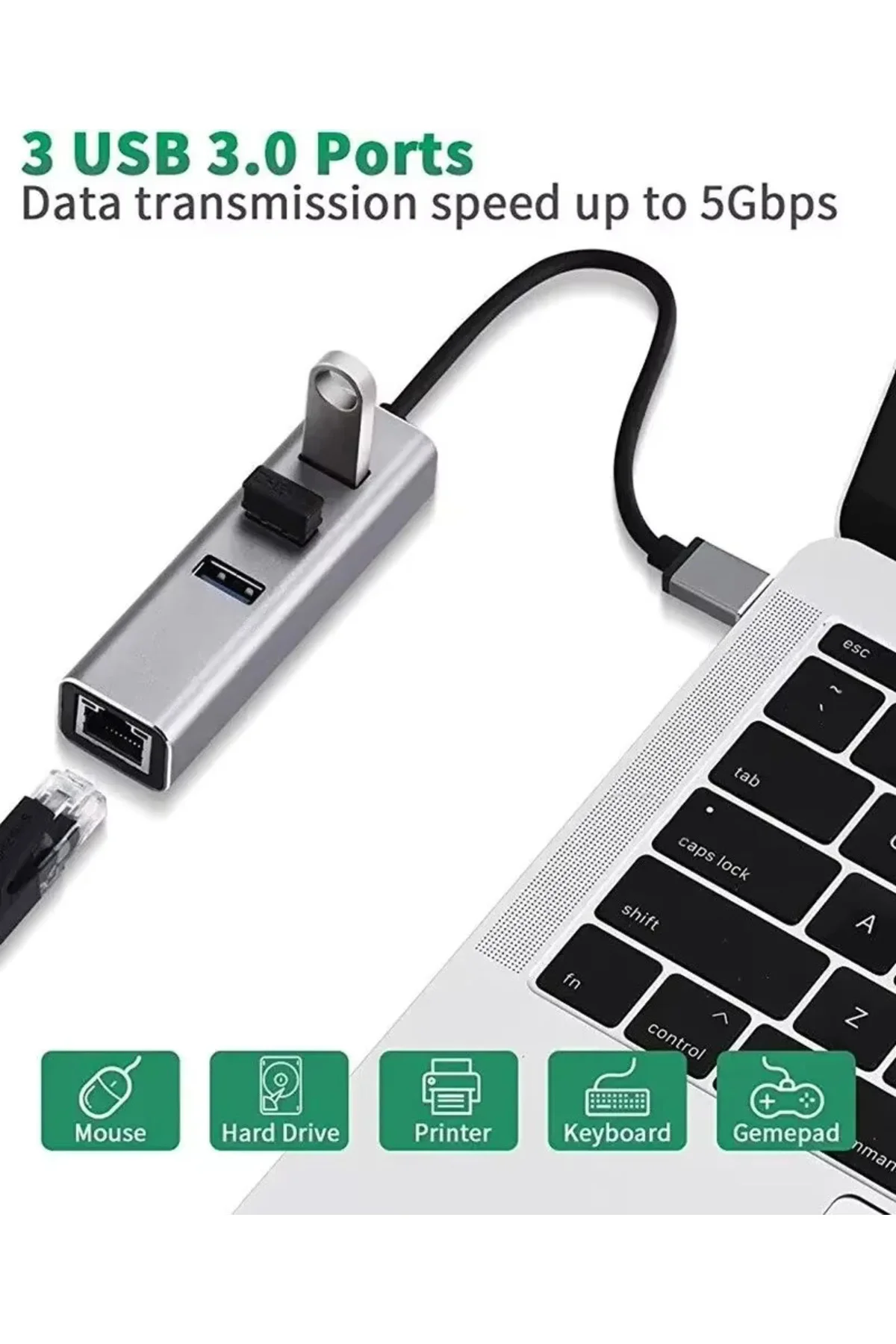 Usb 3.0 Gigabit Ethernet Adaptör + 3 Port USB 3.0 Hub – 4 in 1 Ço Usb 3.0 Gigabit Ethernet Adaptör + 3 Port USB 3.0 Hub – 4 in 1 Ço