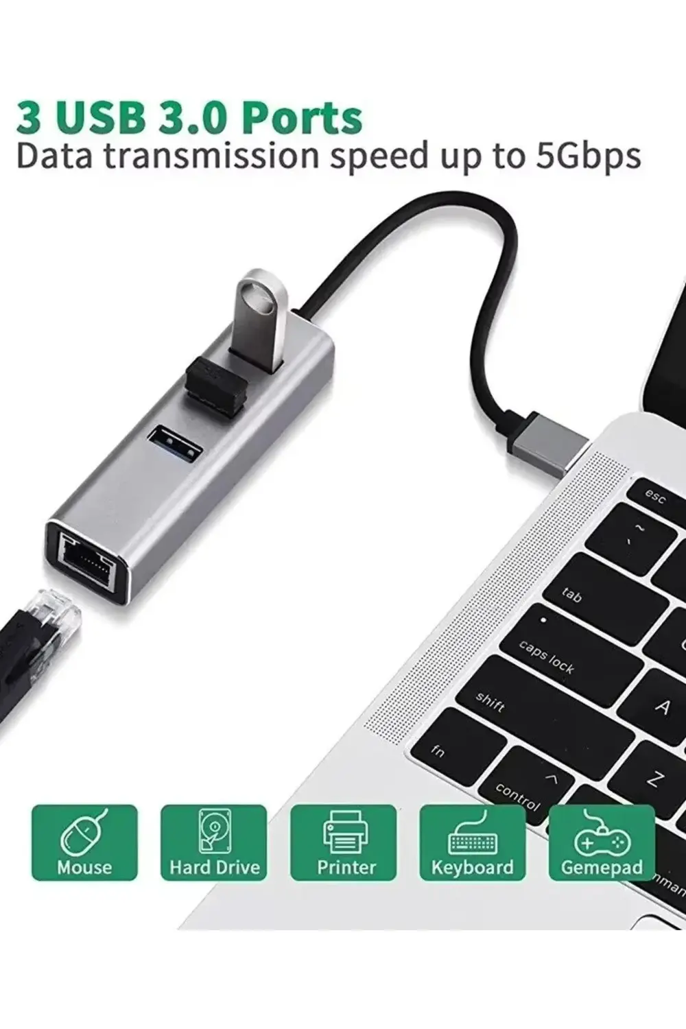 Usb 3.0 Gigabit Ethernet Adaptör + 3 Port USB 3.0 Hub – 4 in 1 Ço