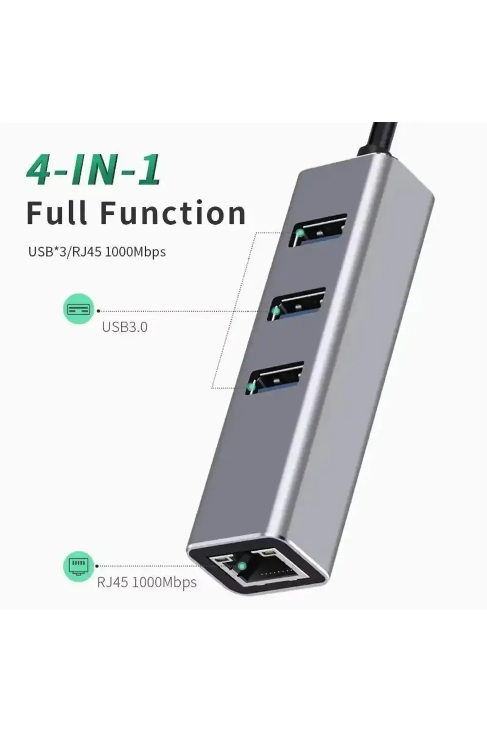 Usb 3.0 Gigabit Ethernet Adaptör + 3 Port USB 3.0 Hub – 4 in 1 Ço