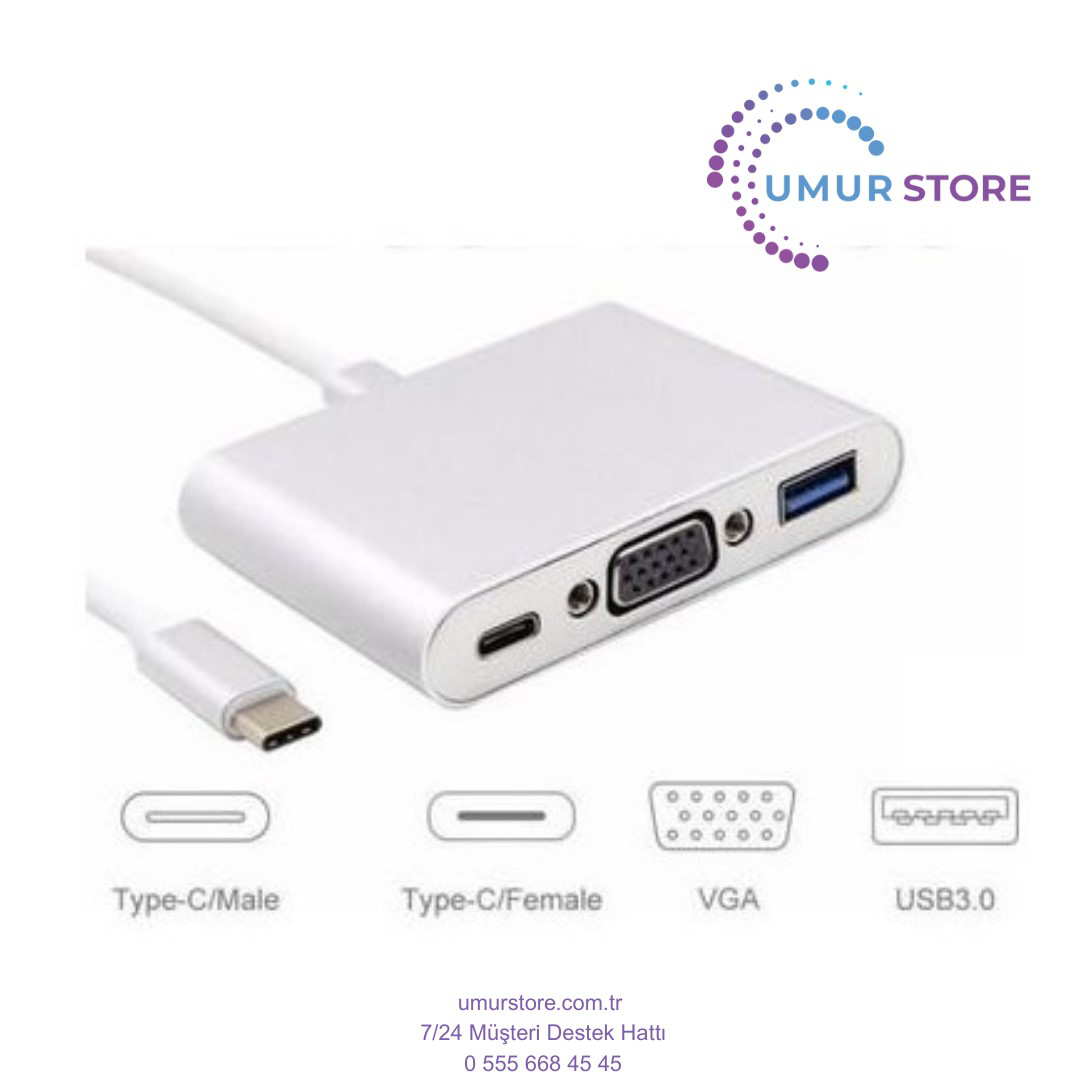 USB 3.1 Type-C Giriş - Vga+Usb3.0+Type-C Çevirici