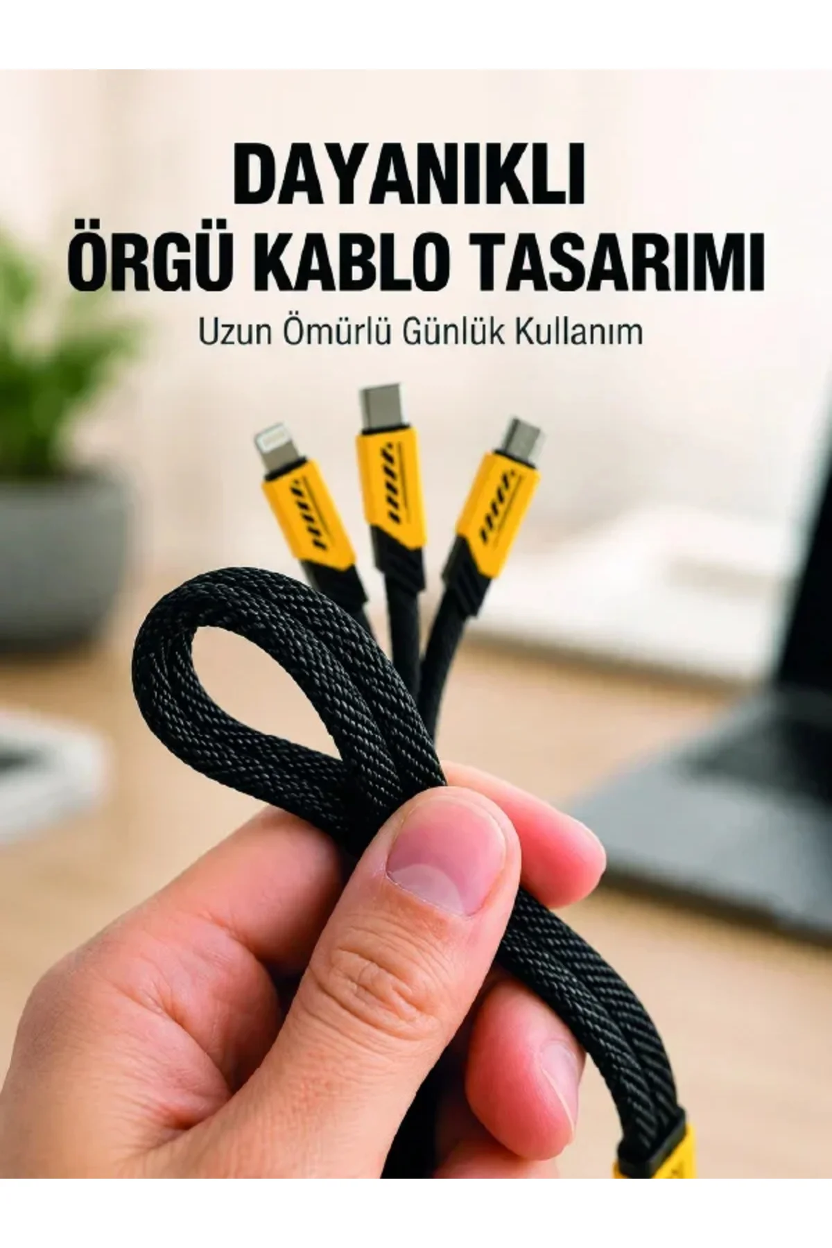 USB 3'ü 1 Arada Şarj Kablosu 240W PD Destekli Çoklu Şarj Kablosu