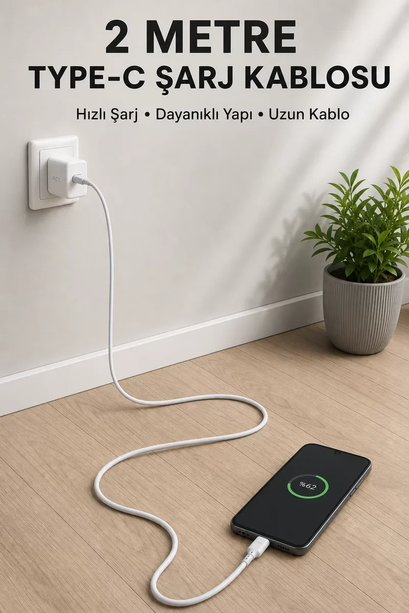 USB-A to Type-C 2 Metre Hızlı Şarj Kablosu