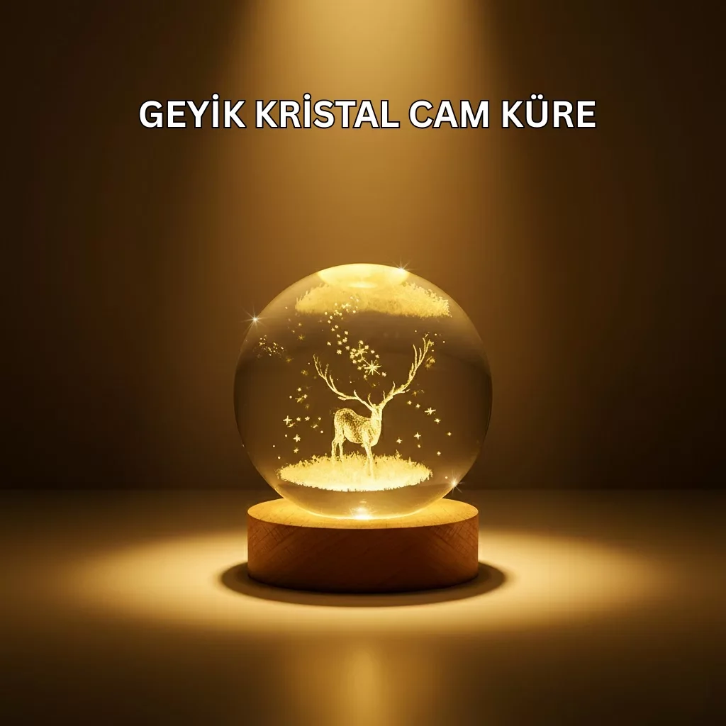USB Bağlantılı Geyik Temalı Kristal Küre Premium Masa Gece Lambası - Lisinya