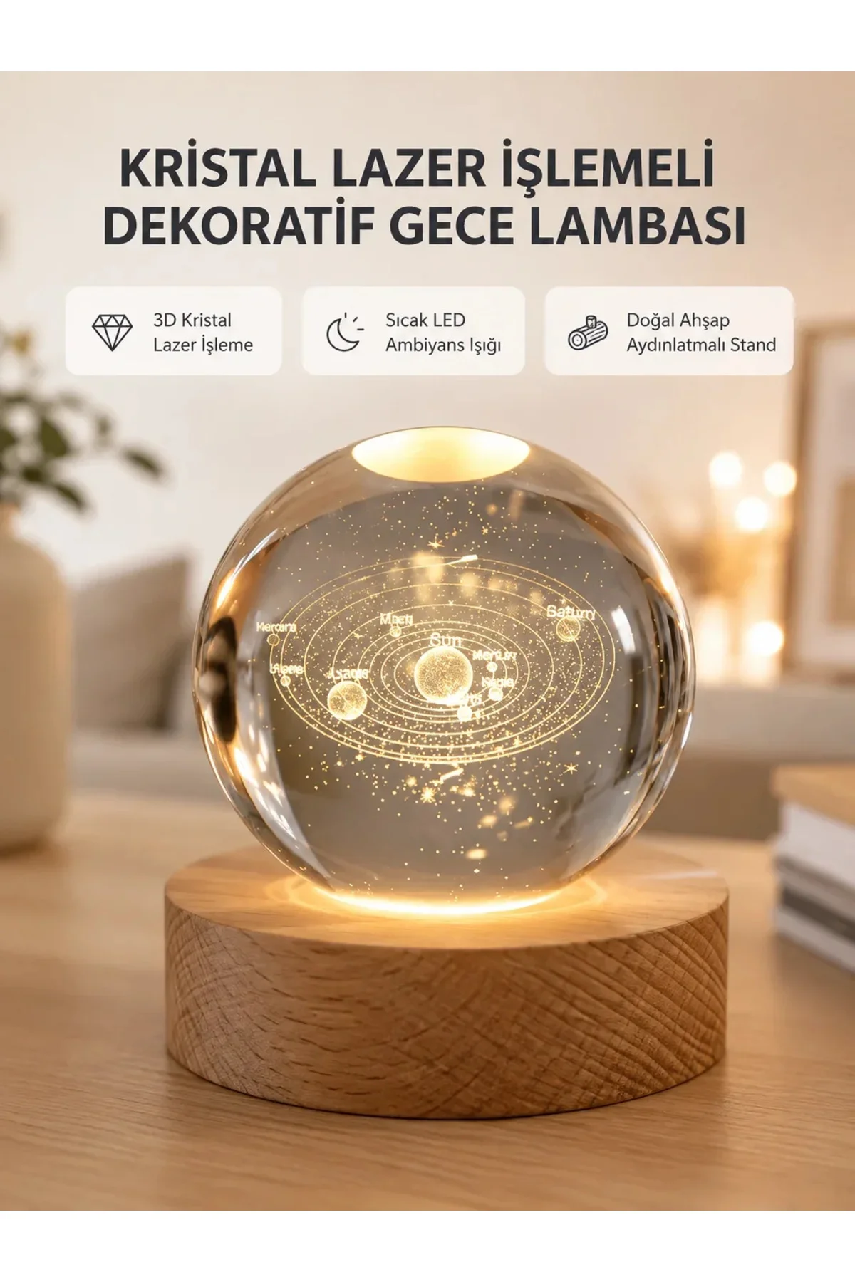 USB Bağlantılı Işıklı Kristal Küre Modern Ahşap Tabanlı Dekor USB Bağlantılı Işıklı Kristal Küre Modern Ahşap Tabanlı Dekor