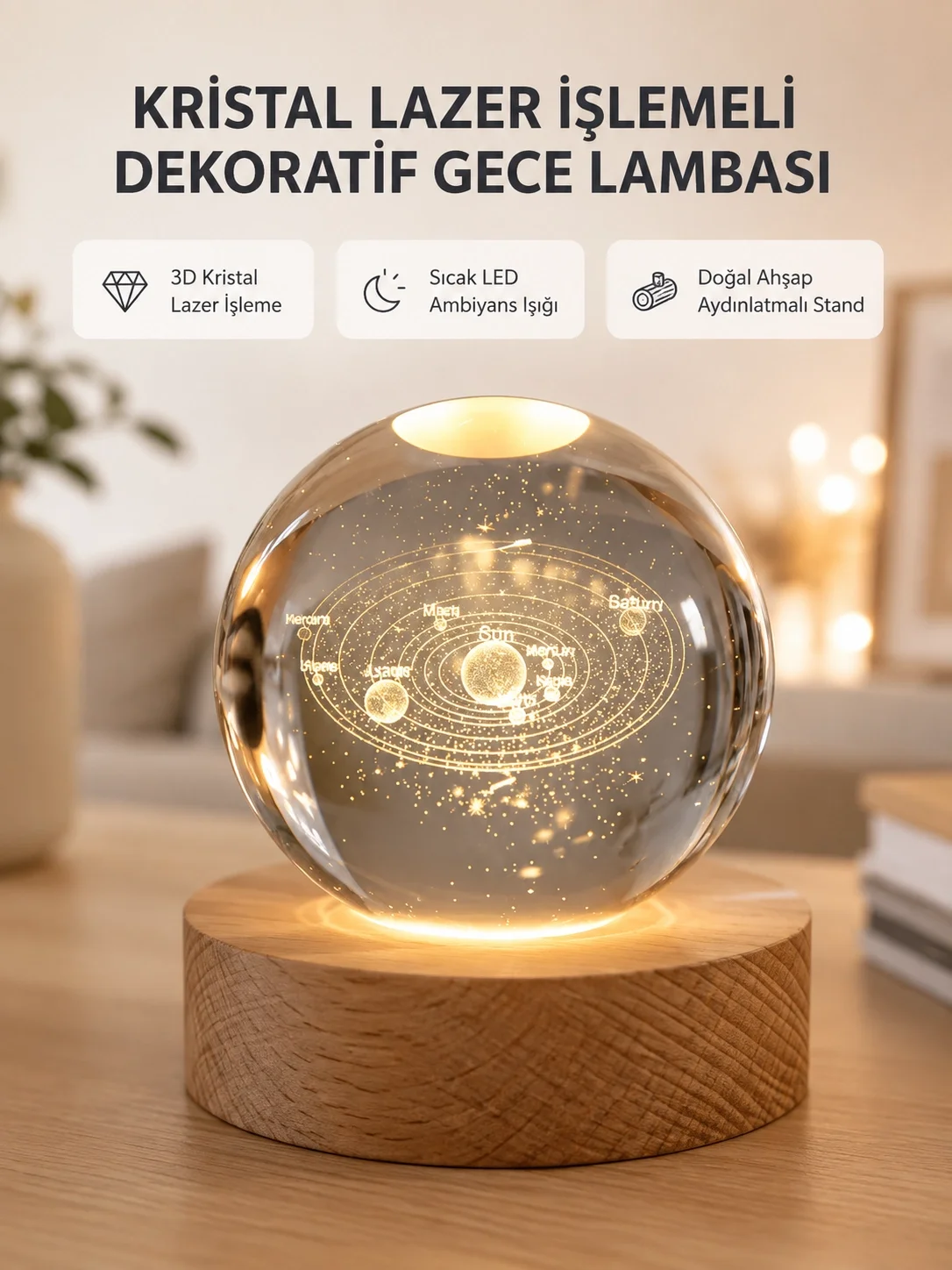 USB Bağlantılı Işıklı Kristal Küre Modern Ahşap Tabanlı Dekor Fiyatı, Yorumları ve Özellikleri