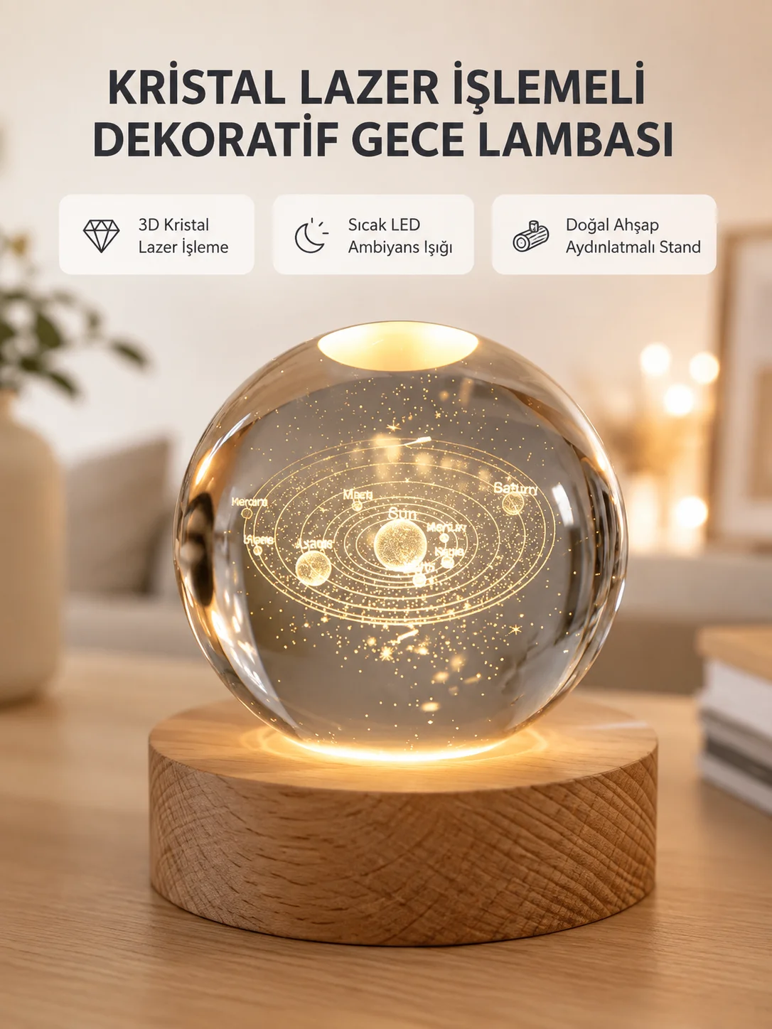 USB Bağlantılı Işıklı Kristal Küre Modern Ahşap Tabanlı Dekor