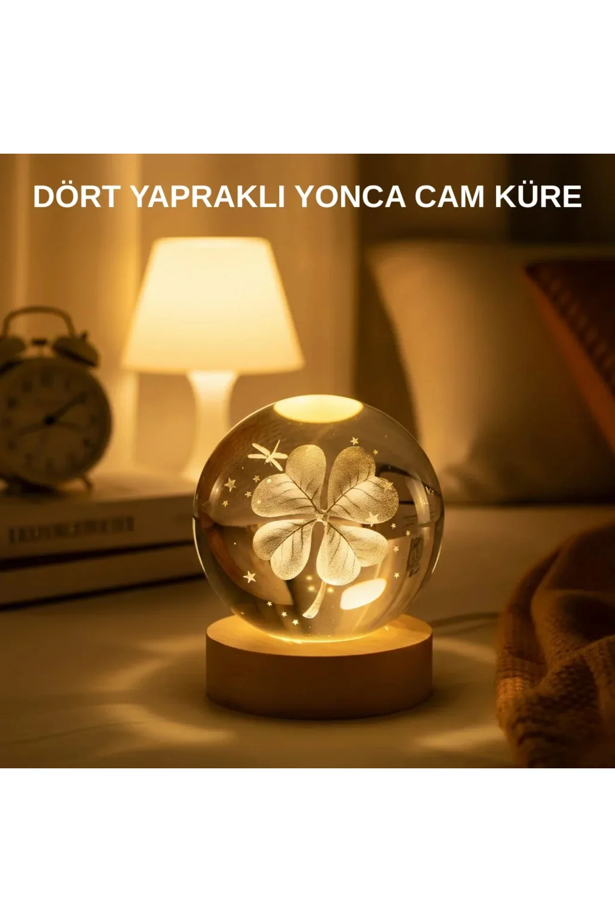 USB Bağlantılı Yonca Bitkili Cam Küre Ahşap Altlıklı Dekoratif Lamba