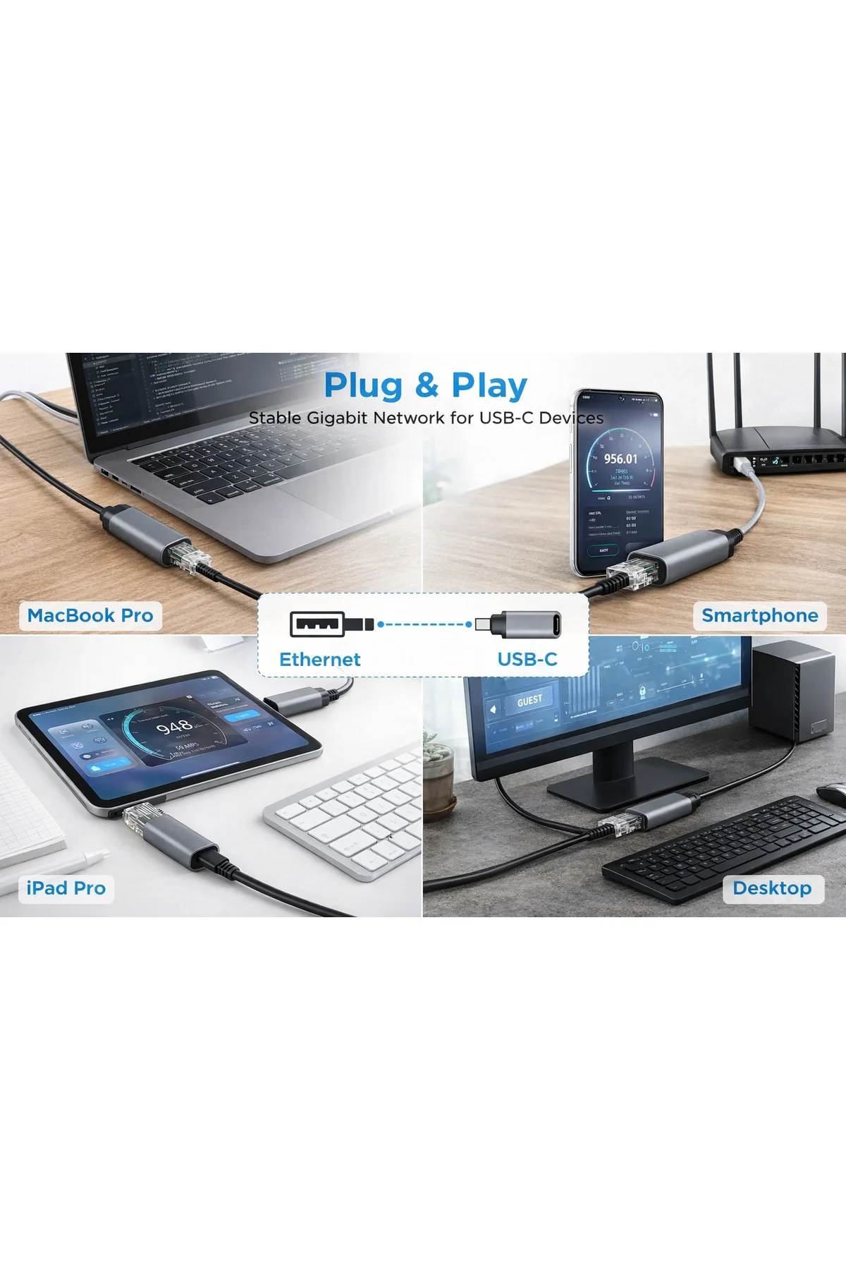 USB-C Ethernet Adaptörü Type-C Dişi RJ45 Erkek 1Gbps Gigabit USB 