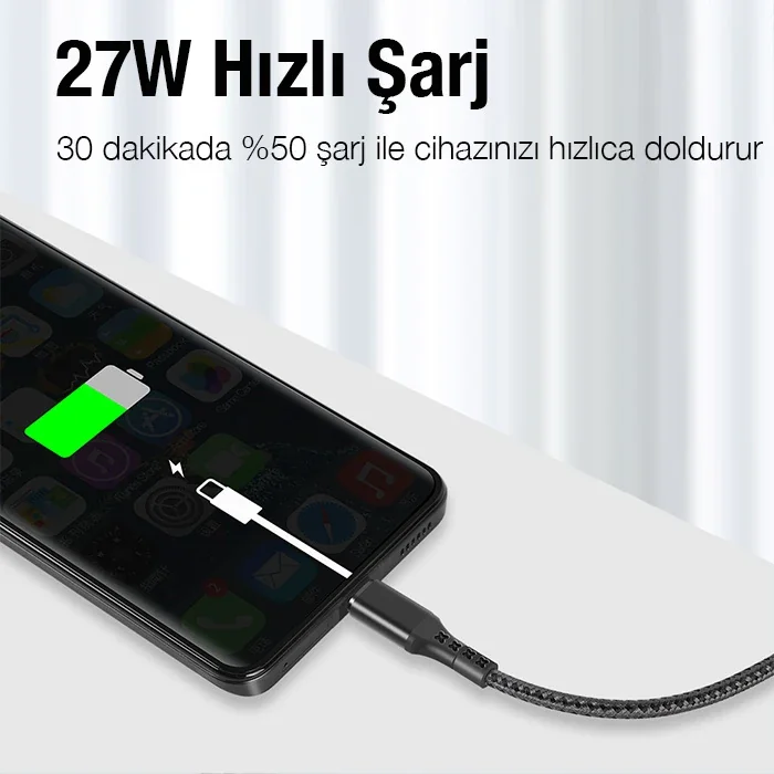 USB-C iPhone Lightning 27W Hızlı Şarj Kablosu 1m – Halat Örgü Data Kablosu