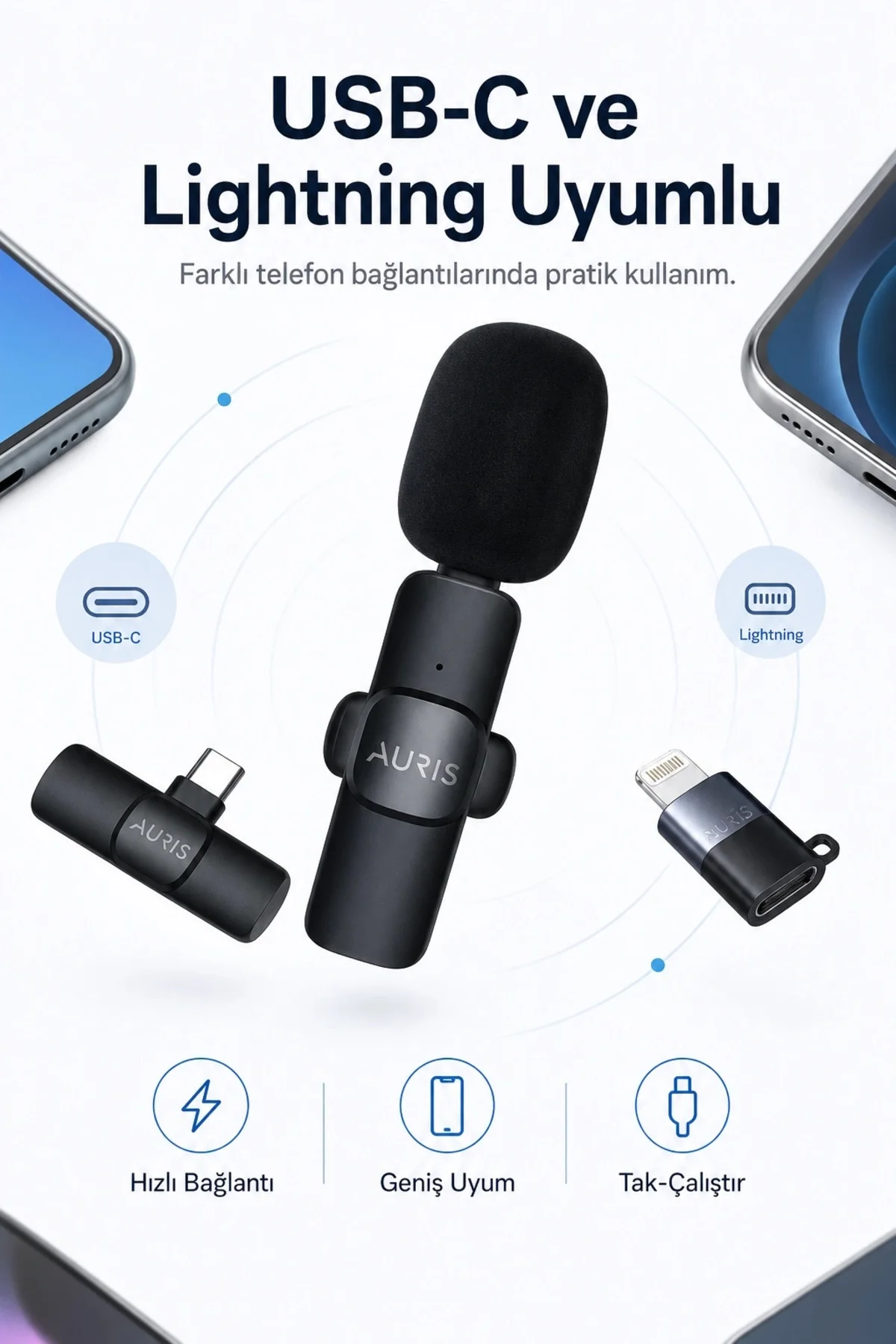 Usb-C Lightning Uyumlu Kablosuz Yaka Mikrofonu Tak Çalıştır Telef