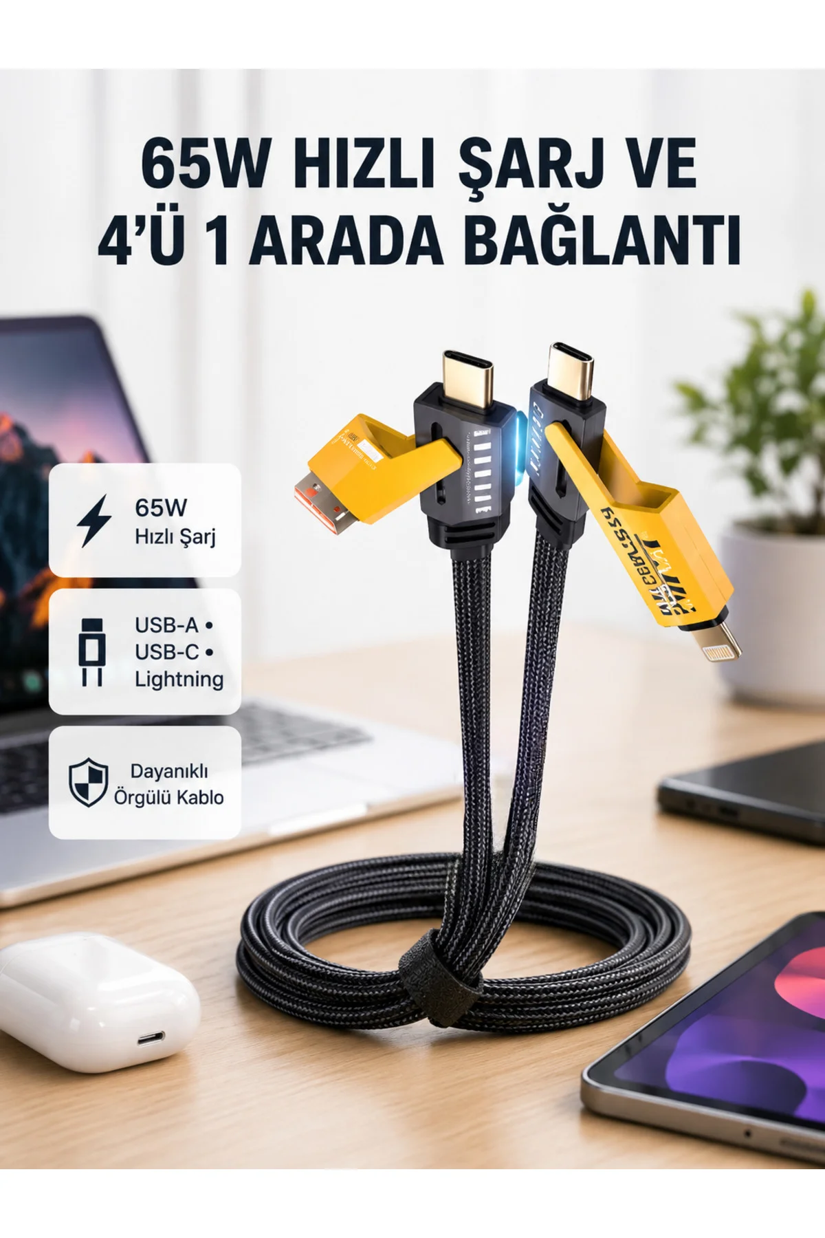 Usb-C Usb-A 4’Ü 1 Arada Örgülü Kablo 65W Hızlı Şarj Metal Uç Dayanıklı Usb-C Usb-A 4’Ü 1 Arada Örgülü Kablo 65W Hızlı Şarj Metal Uç Dayanıklı