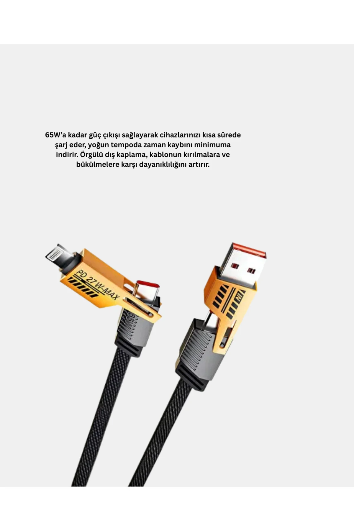 USB-C USB-A 4’ü 1 Arada Örgülü Kablo 65W Hızlı Şarj Metal Uç Dayanıklı