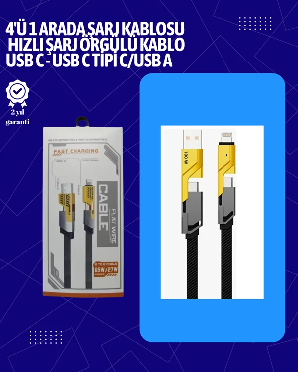 USB-C ve Lightning Uyumlu 4'ü 1 Arada Kablo – 65W Hızlı Şarj, Örgülü Dayanıklı Yapı USB-C ve Lightning Uyumlu 4'ü 1 Arada Kablo – 65W Hızlı Şarj, Örgülü Dayanıklı Yapı