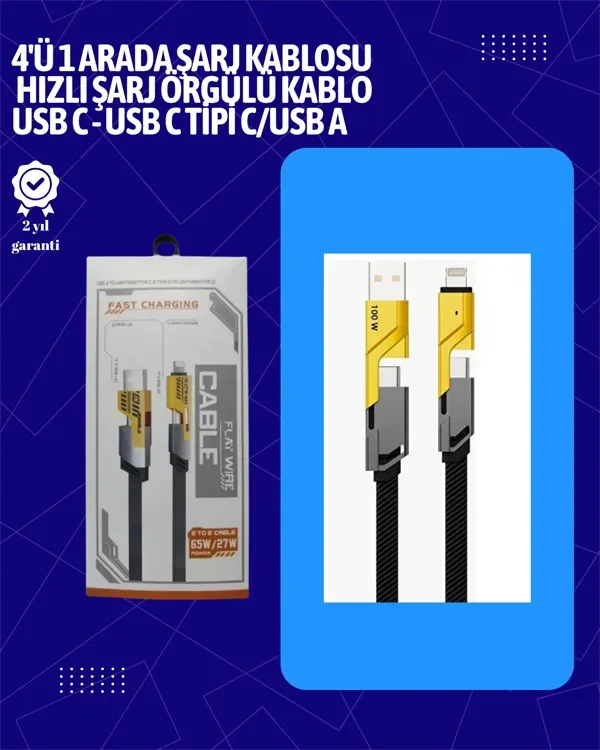 Usb-c Ve Lightning Uyumlu 4'ü 1 Arada Kablo 65w Hızlı Şarj, Örgülü Dayanıklı Yapı Diğer