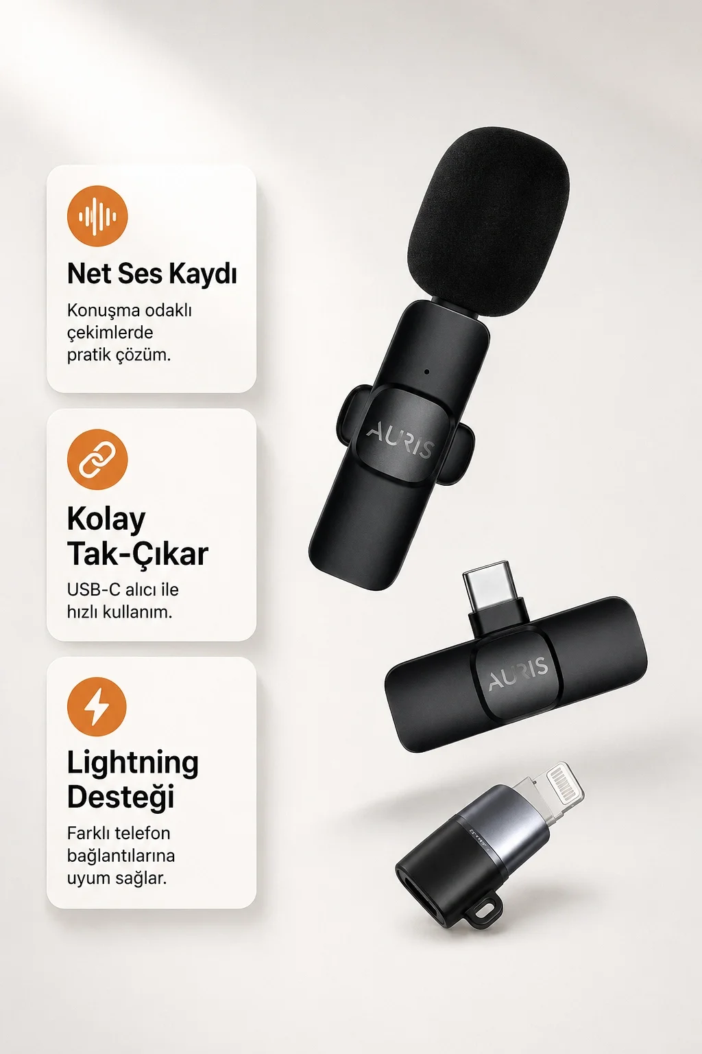 USB-C ve Lightning Uyumlu Kablosuz Yaka Mikrofonu Tak Çalıştır Telefon Ses Kayıt Seti